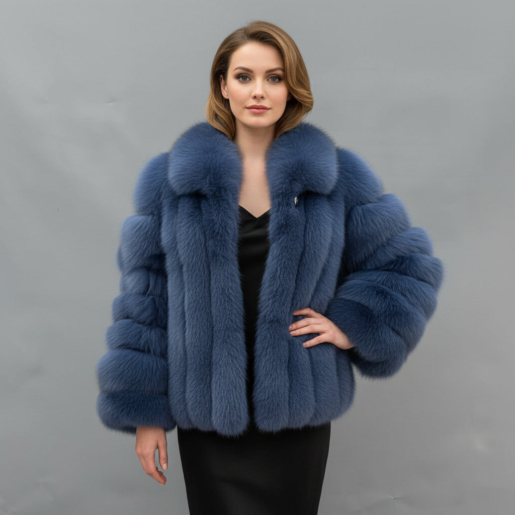 Women's Premium Plush Fox Fur Jacket - Notched Lapel with Vertical Stripe Design Winter Statement Outerwear Blue