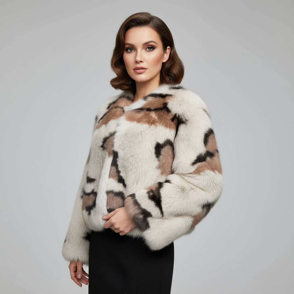Women's Premium Leopard Print Fox Fur Cropped Jacket - Chic Winter Fashion Warm Statement Outerwear Leopard Print