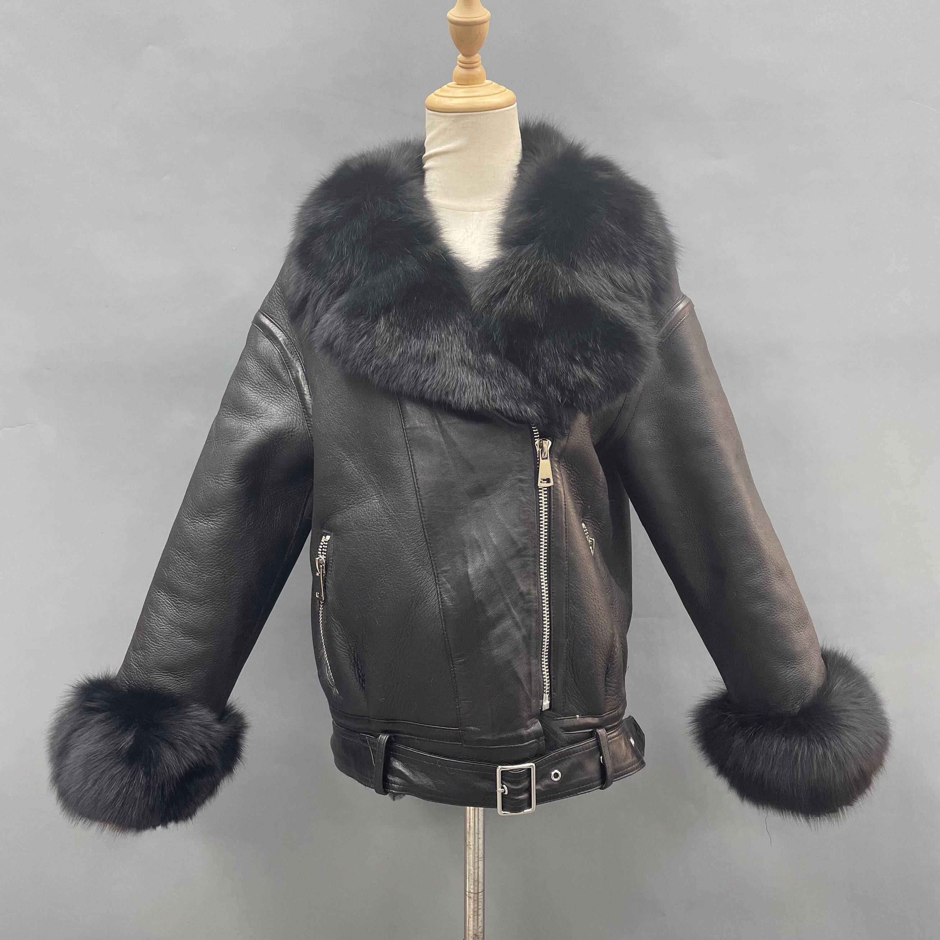 Women's Short Biker-Style Shearling Jacket with Fox Fur Collar & Cuffs, Asymmetric Zipper - Luxe Winter Outerwear