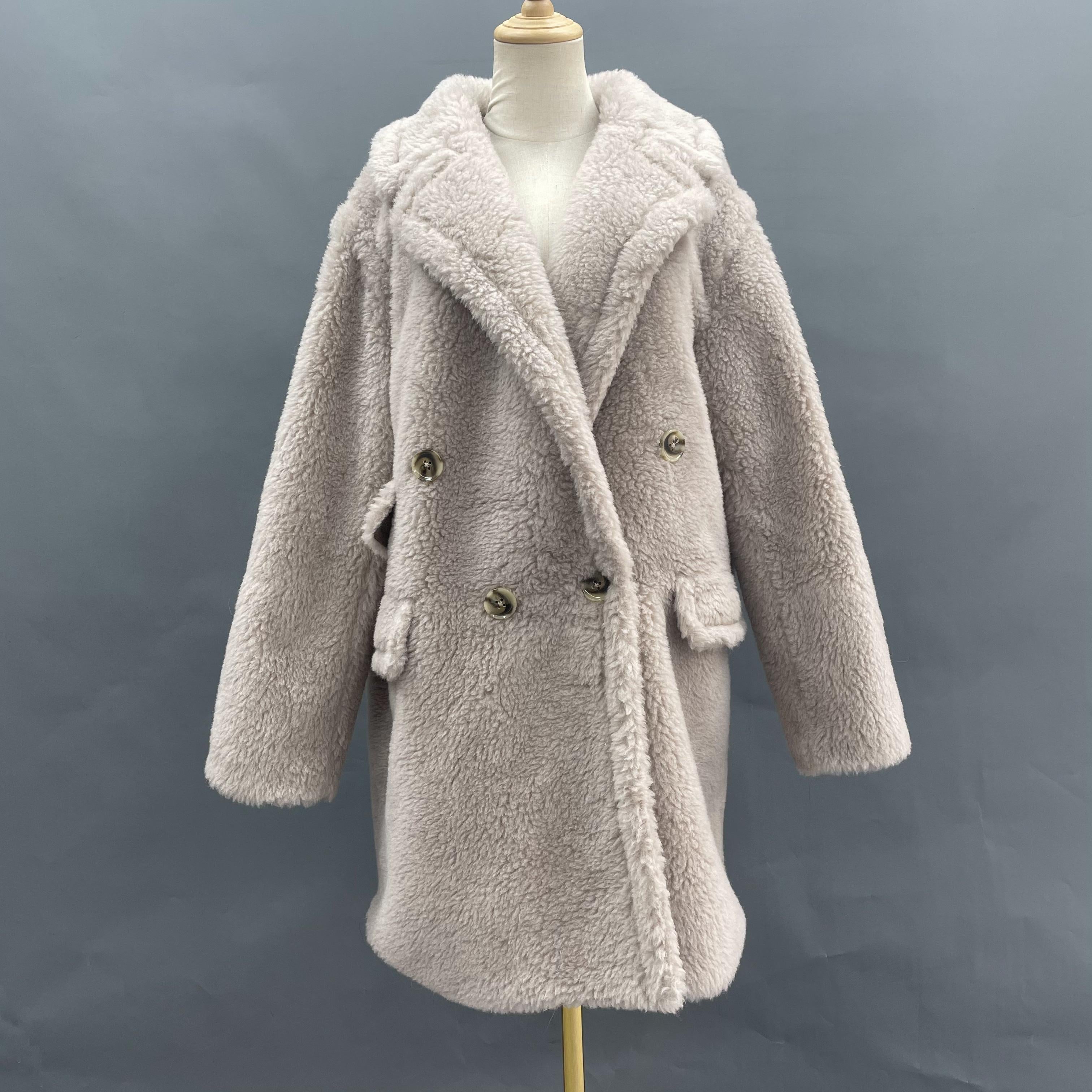 Women's Lime Green Sheepskin Shearling Coat with Asymmetric Pocket Flaps, Double-Breasted Notched Lapel - Luxe Winter Outerwear