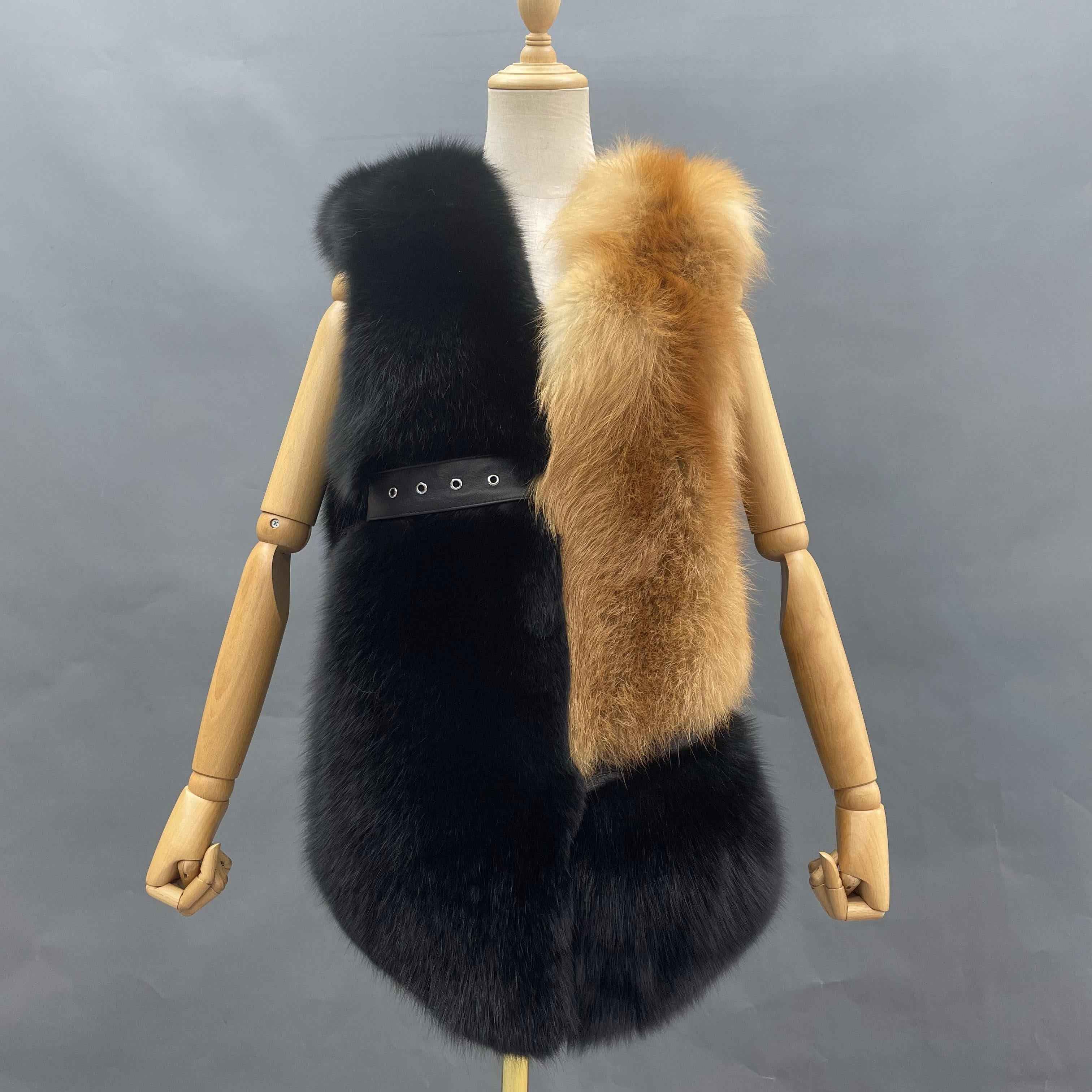 Women's Designer Color-Block Fox Fur Vest with Leather Loop Detail - Edgy Fashion Statement Outerwear Golden