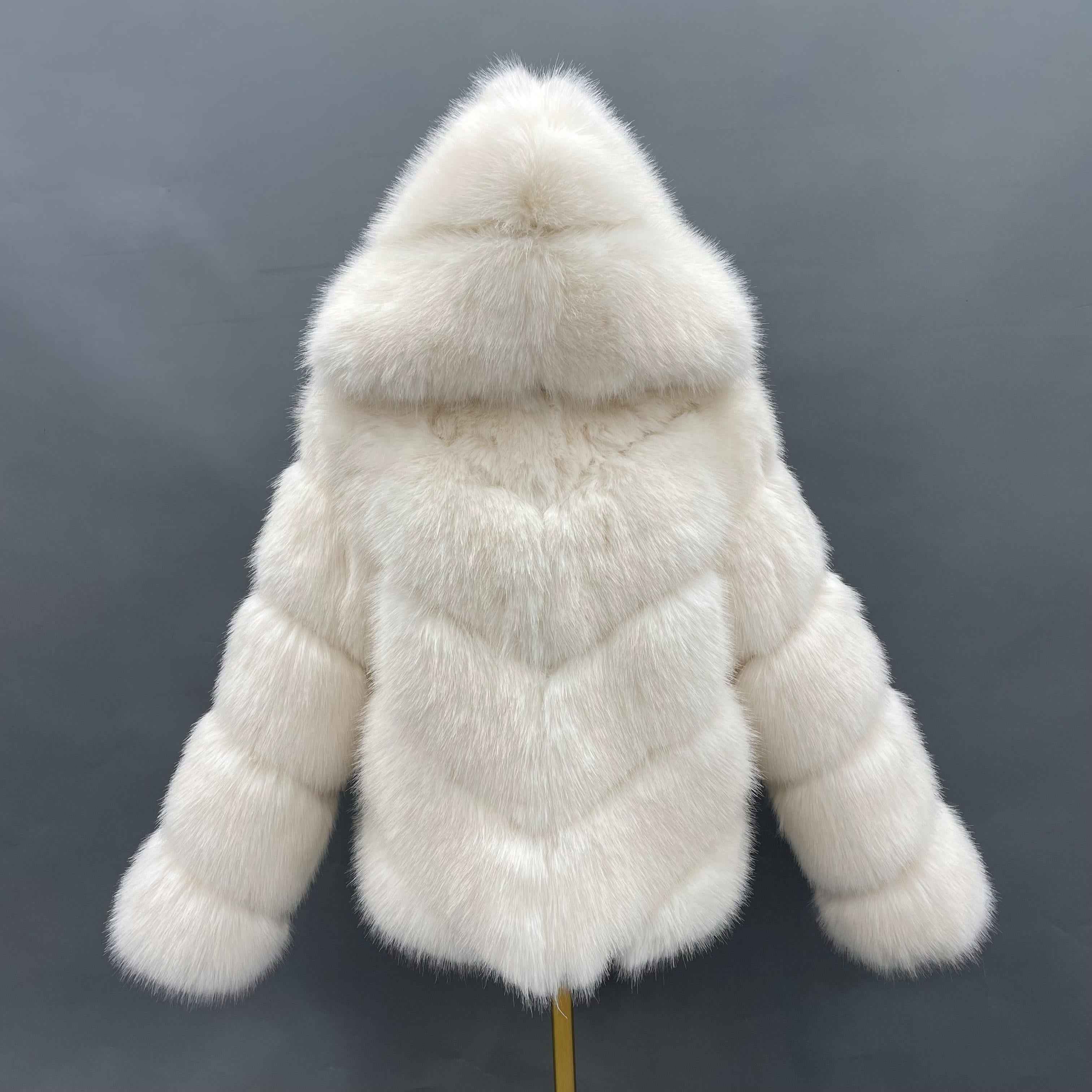 Women's 5-Panel Sleeve Hooded Faux Fur Coat with Diagonal Stripes - Highly Realistic Luxury Winter Outerwear White
