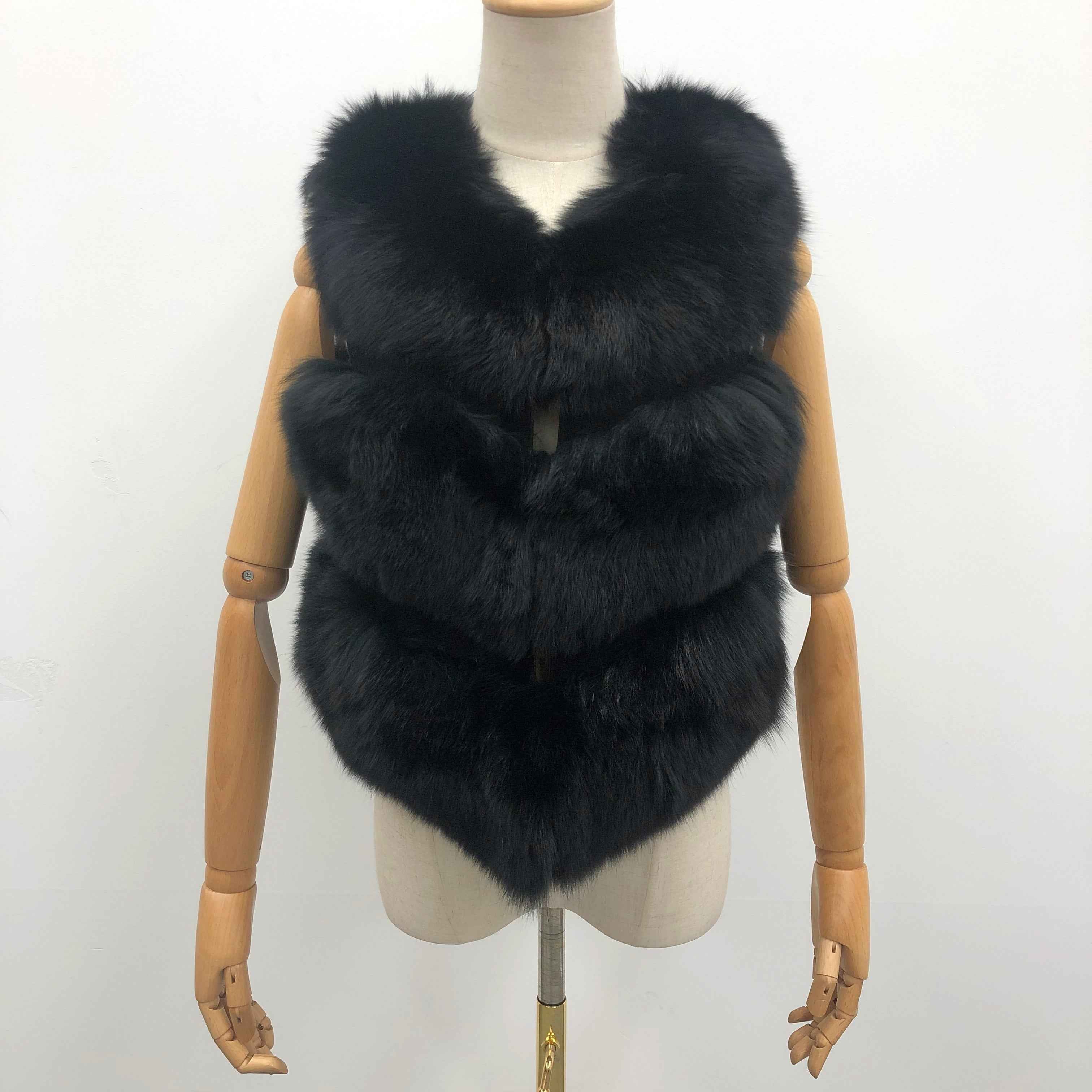 Women's 3-Panel Fox Fur Cropped Vest - Chic Autumn Essential Outerwear Black