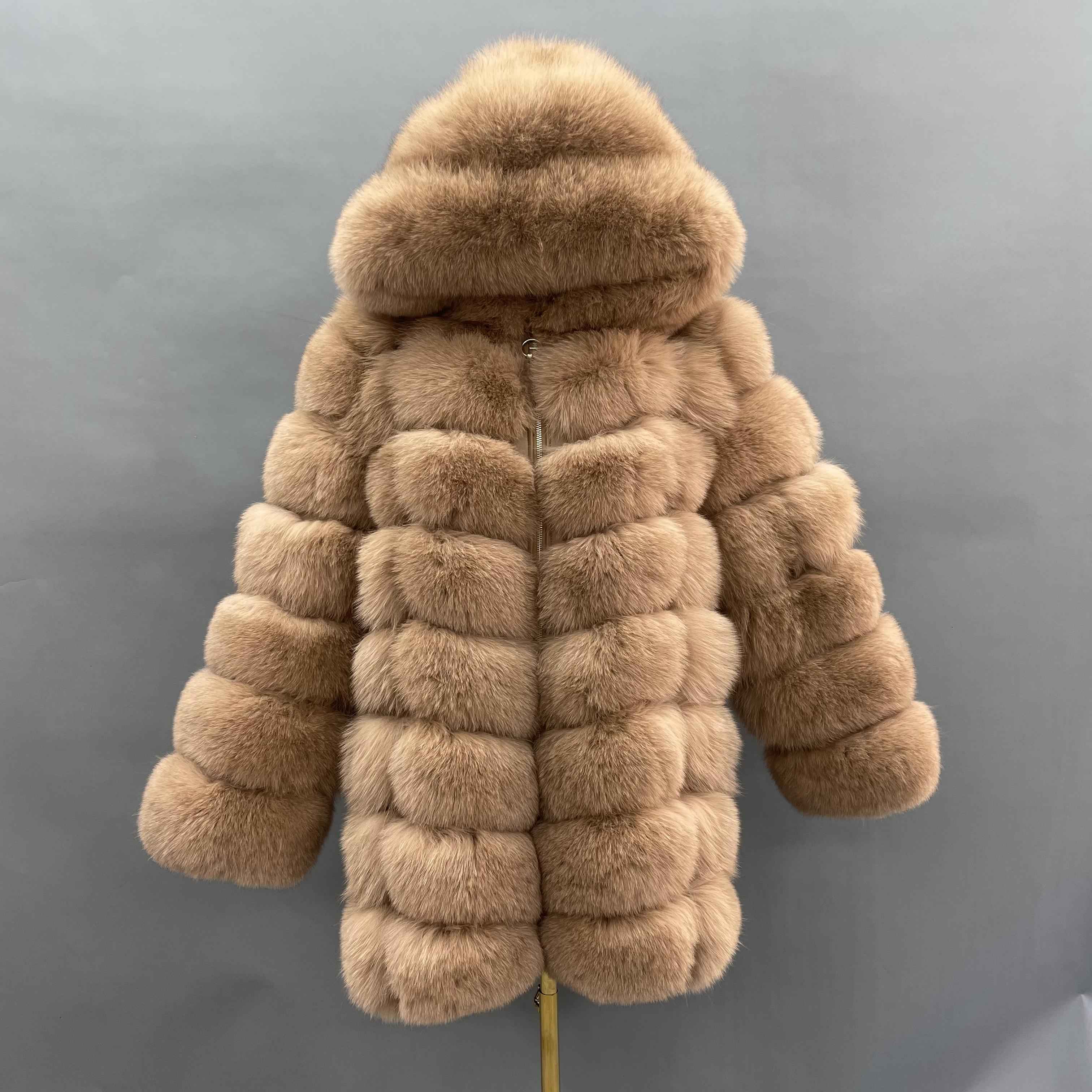Women's Luxury Premium Fox Fur 8-Panel Hooded Coat - Cold Winter Warm Fashion Outerwear
