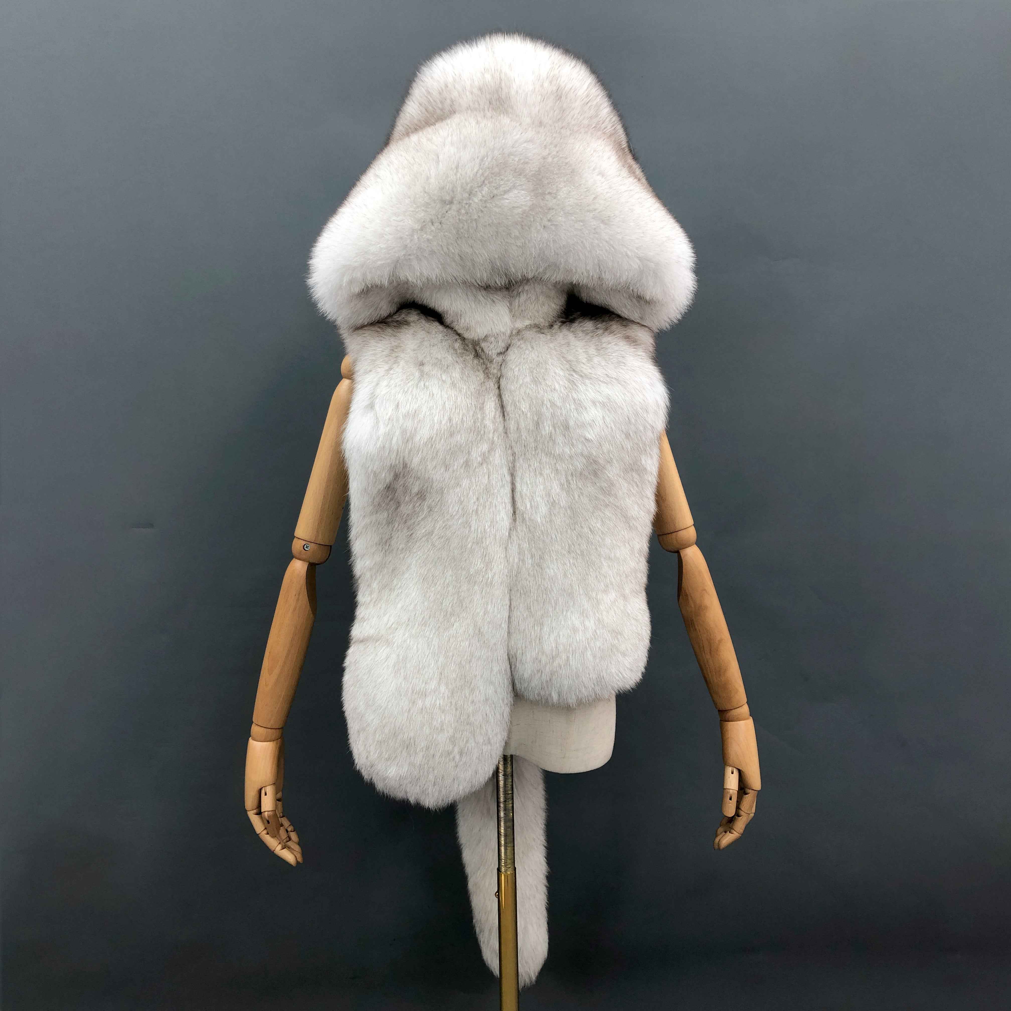 Women's Luxury Fox Fur Hooded Vest with Tail Detail - Bold Statement Outerwear