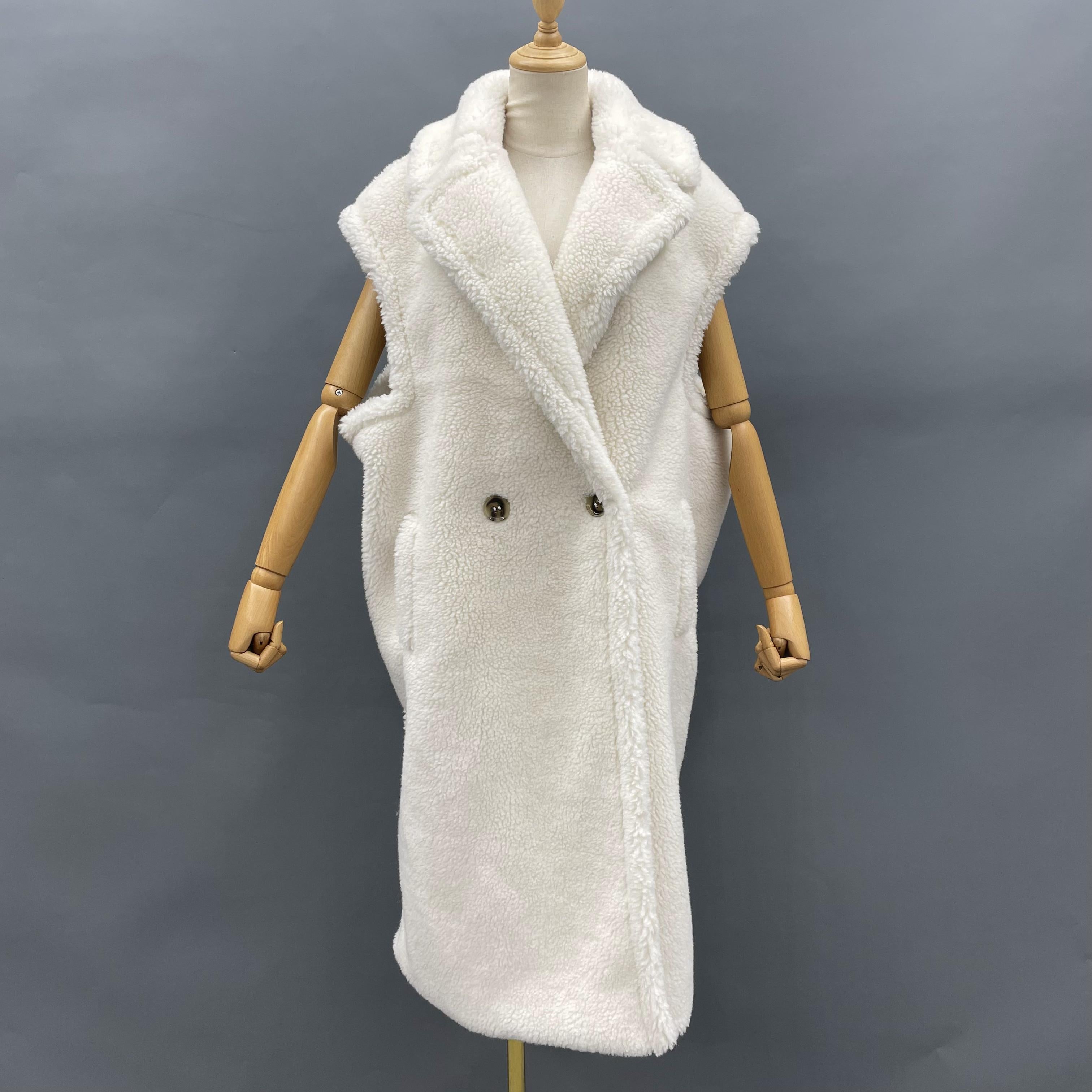 Women's Tan Long Teddy Fleece Vest with Double-Breasted Notched Lapel - Stylish Winter Outerwear