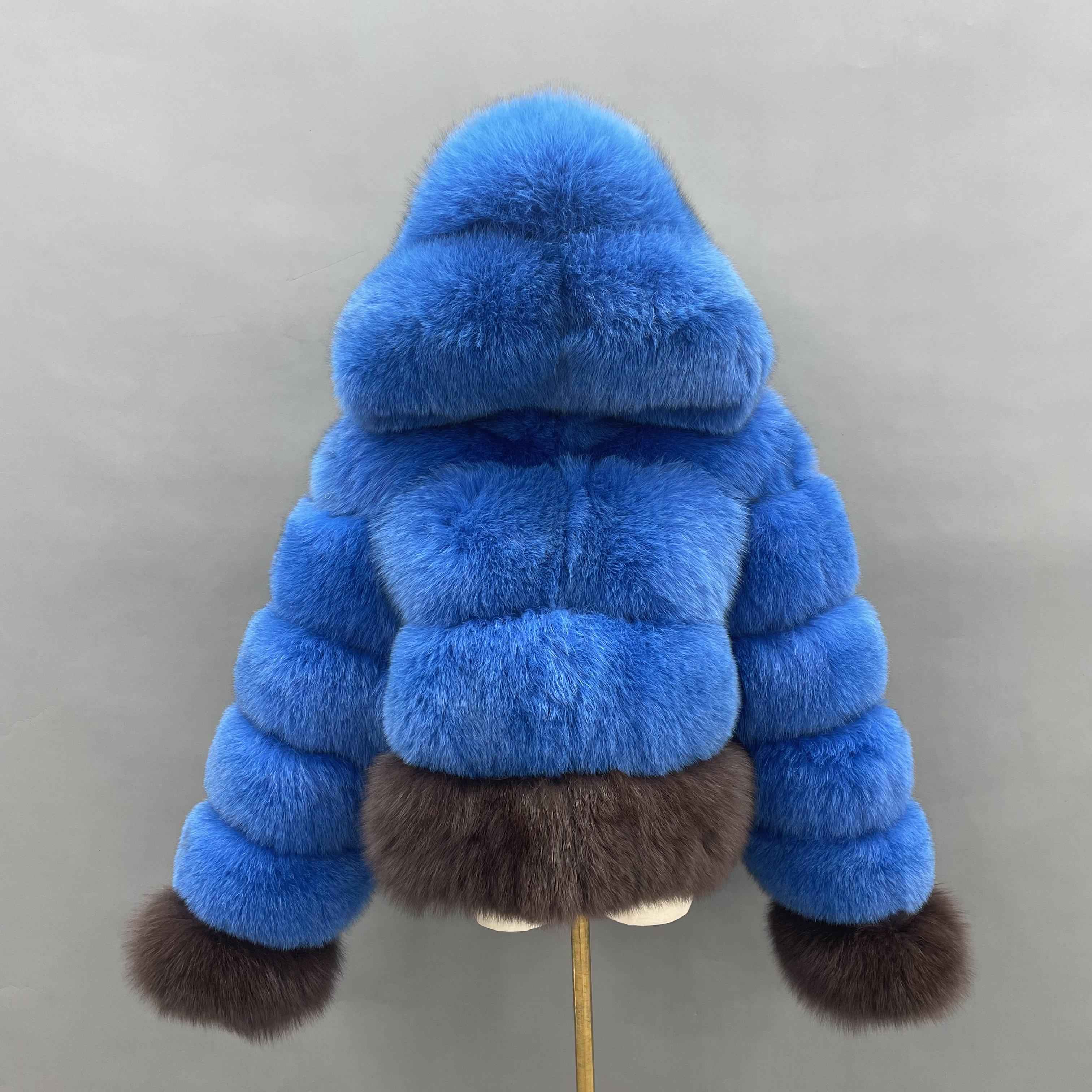 Women's Premium Fox Fur Hooded Short Coat - Layered Design Winter Fashion Warm Jacket Blue Brown