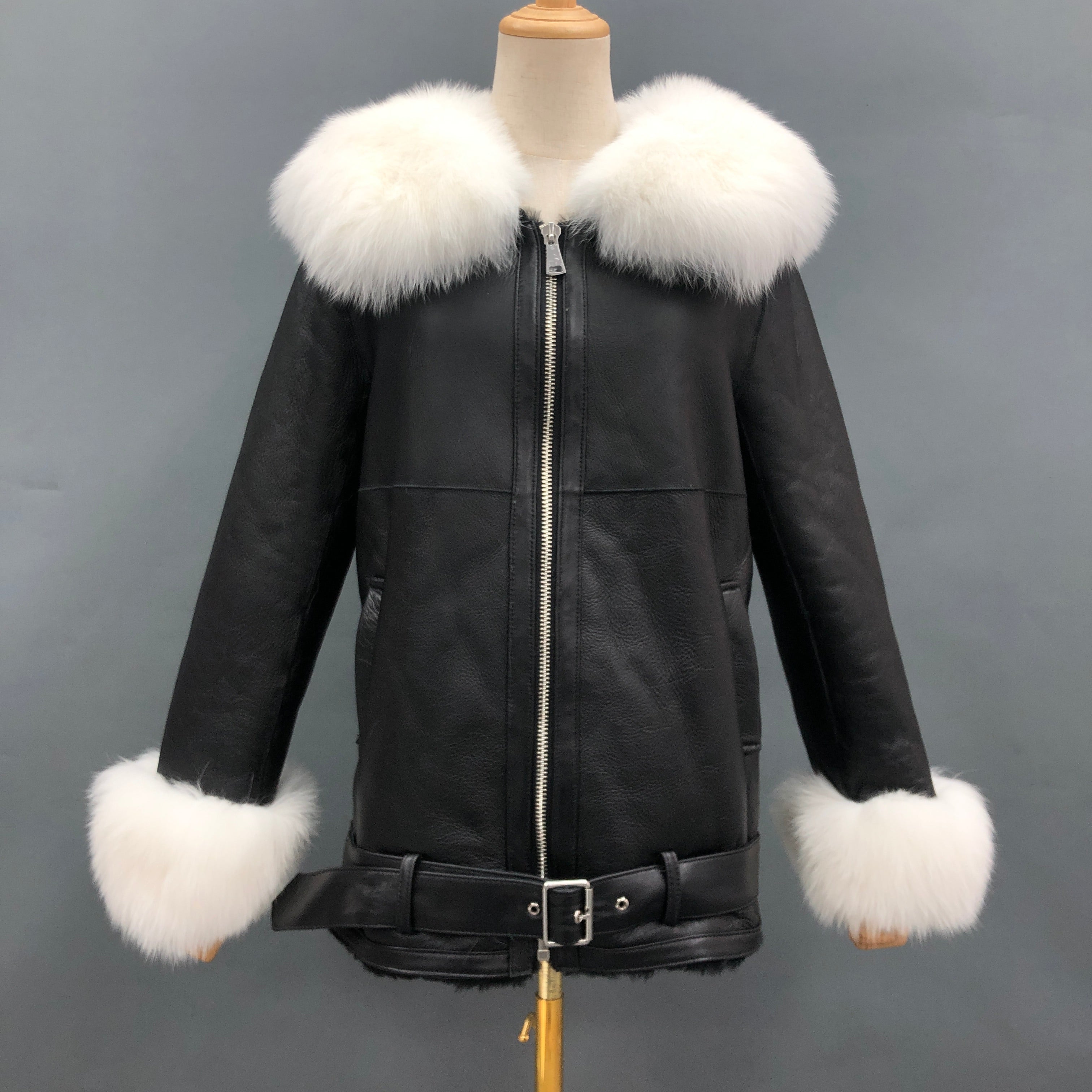 Women's Shearling Leather Jacket with Fox Fur Collar & Cuffs, Belted Waist - Luxe Winter Outerwear