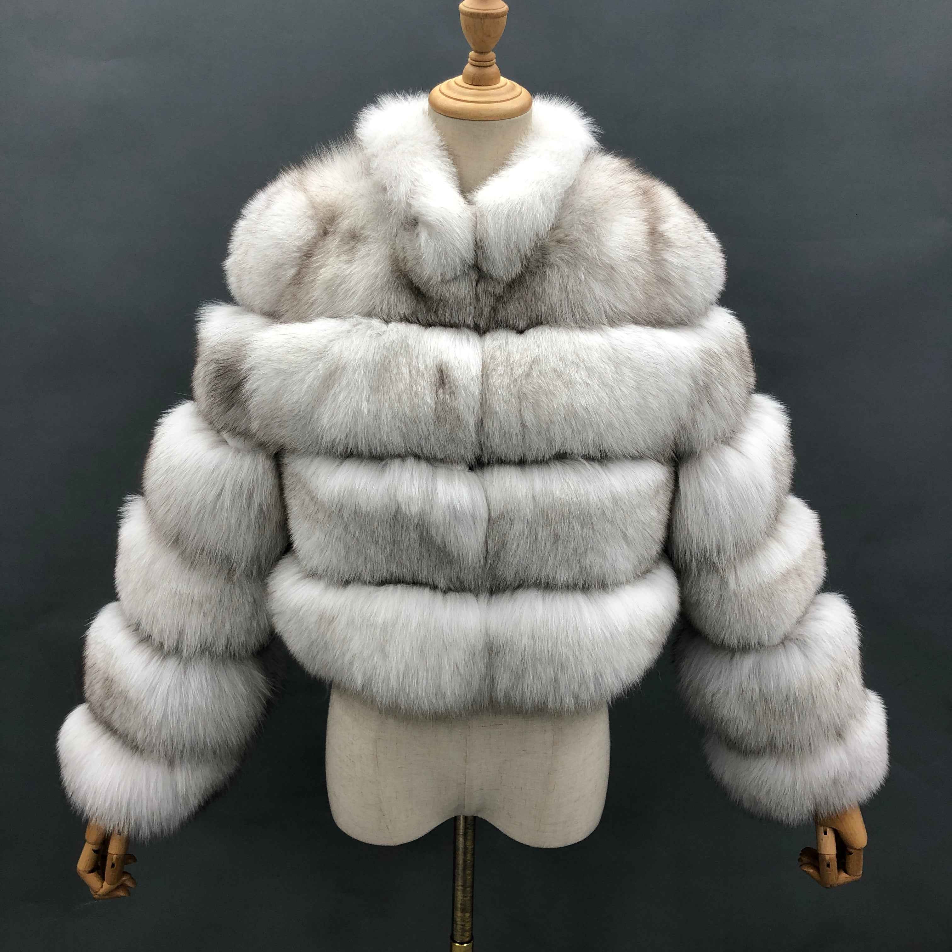 Women's Luxury Cropped Fox Fur Jacket - Layered Stand Collar Winter Fashion Statement Outerwear White
