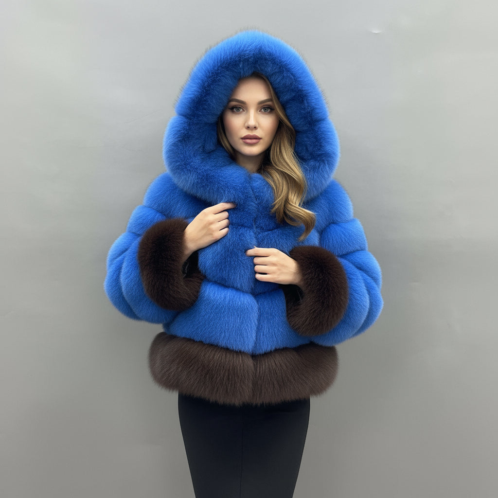 Women's Premium Fox Fur Hooded Short Coat - Layered Design Winter Fashion Warm Jacket