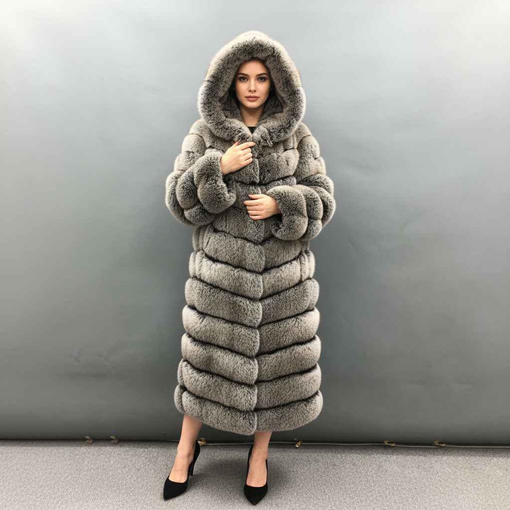 Women's Luxury Black Base White Tip Fox Fur 12-Panel Long Coat - Winter Warm Fashion Jacket