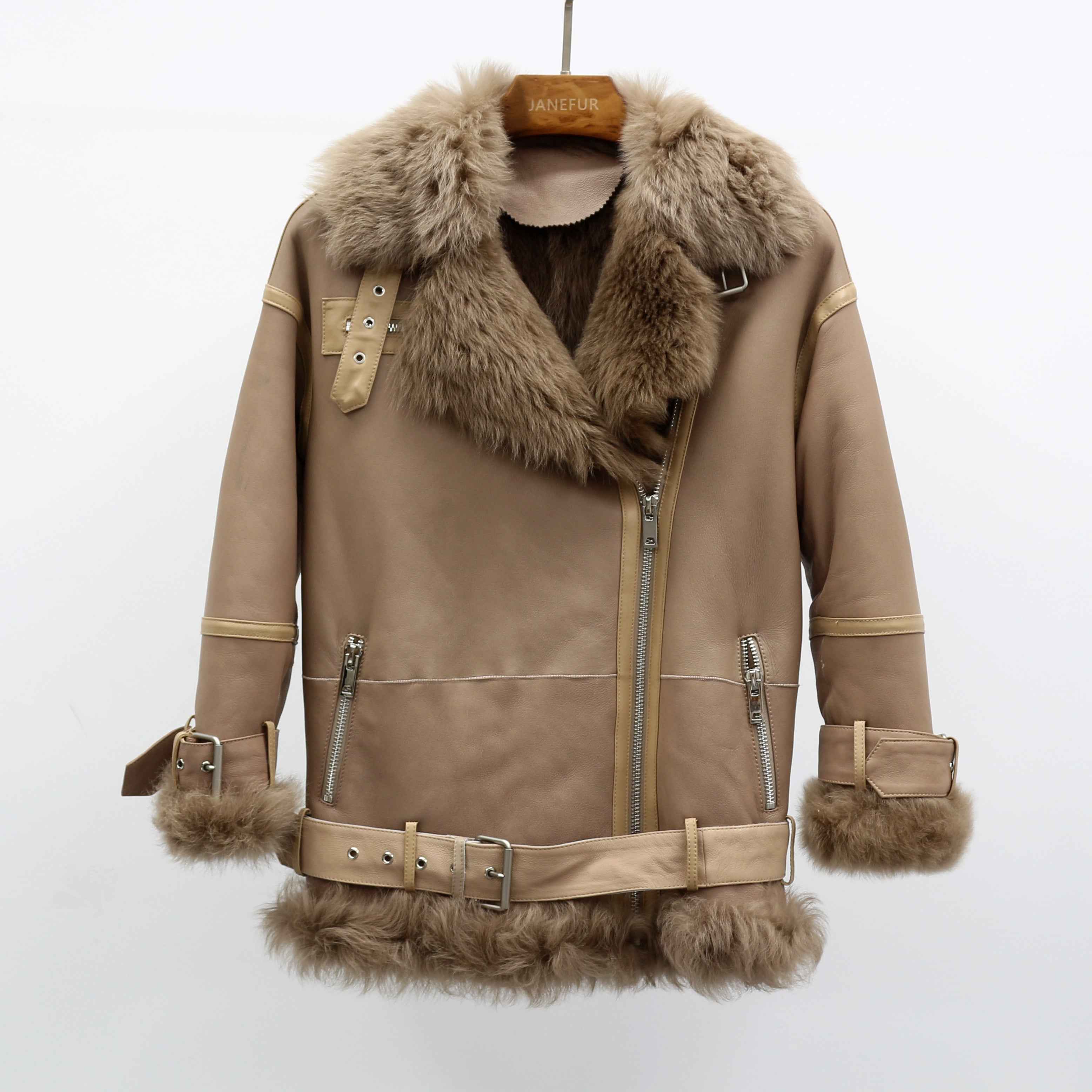 Women's Shearling Leather Jacket with Fox Fur Collar, Leather Buckle Detail at Hem & Cuffs - Luxe Winter Outerwear Camle