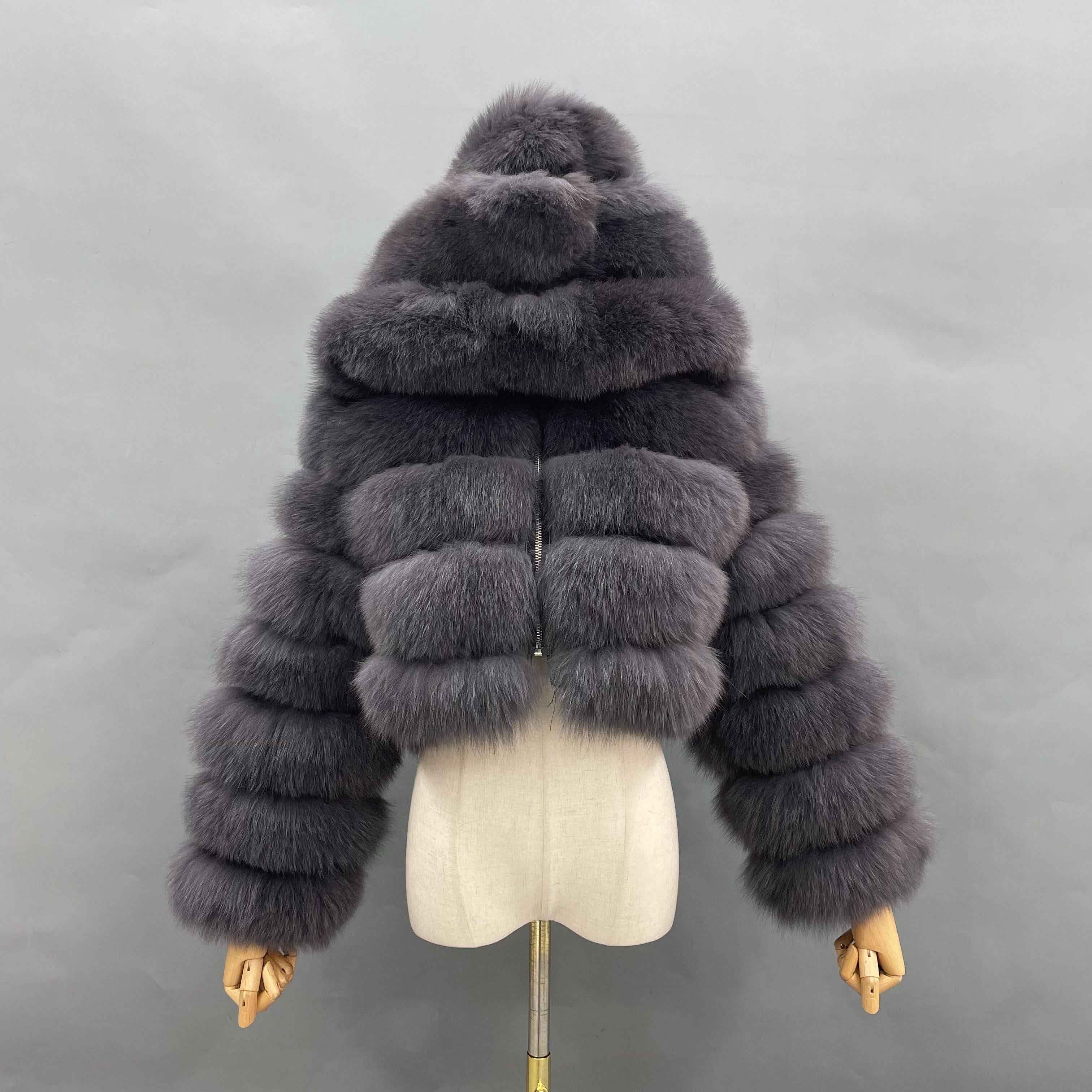Women's Premium Fox Fur Cropped Hooded Jacket - 3-Panel Body & 6-Panel Sleeves with Zipper Closure Winter Fashion Warm Coat Grey