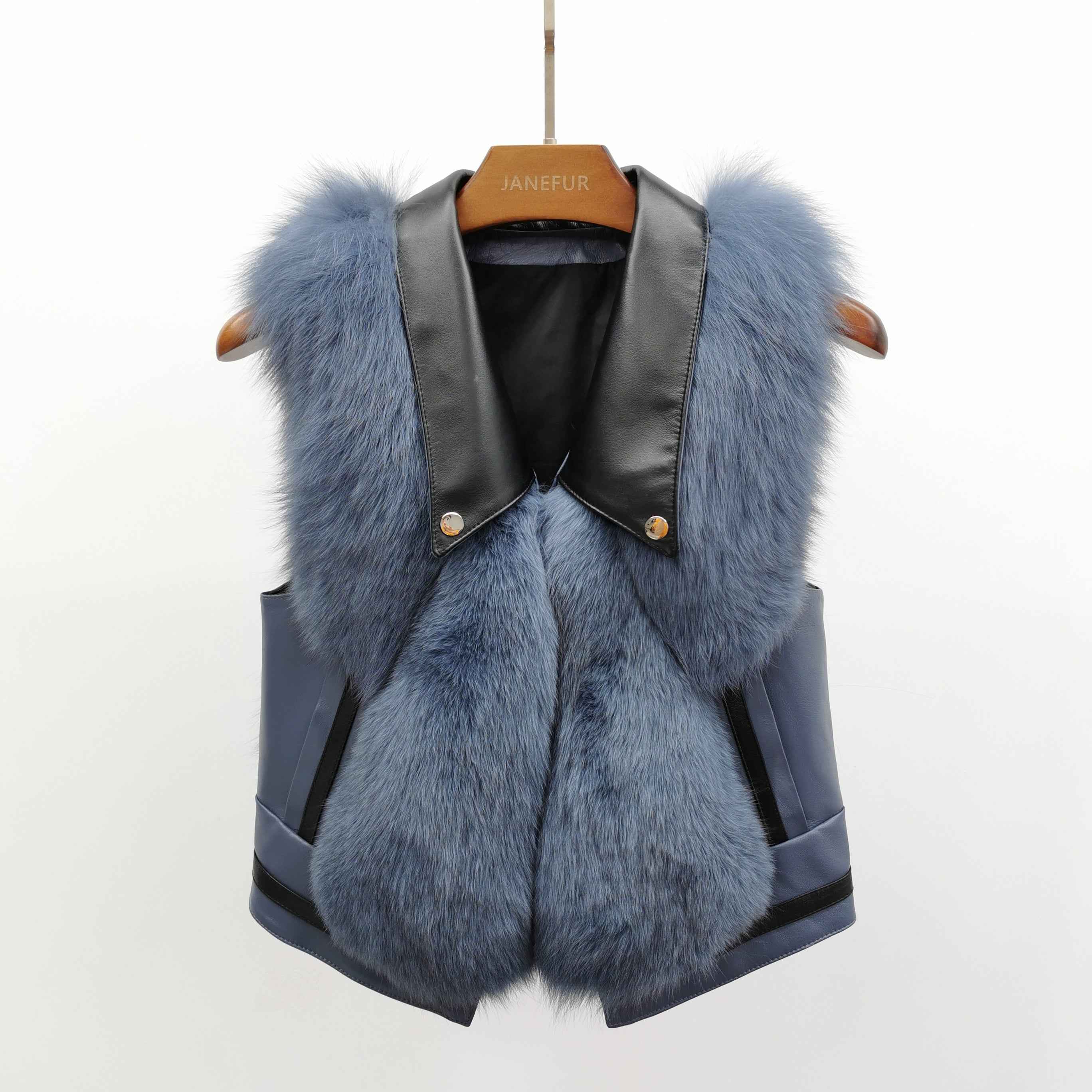 Women's Designer Fox Fur Vest - Notched Lapel Patch Pocket Outerwear