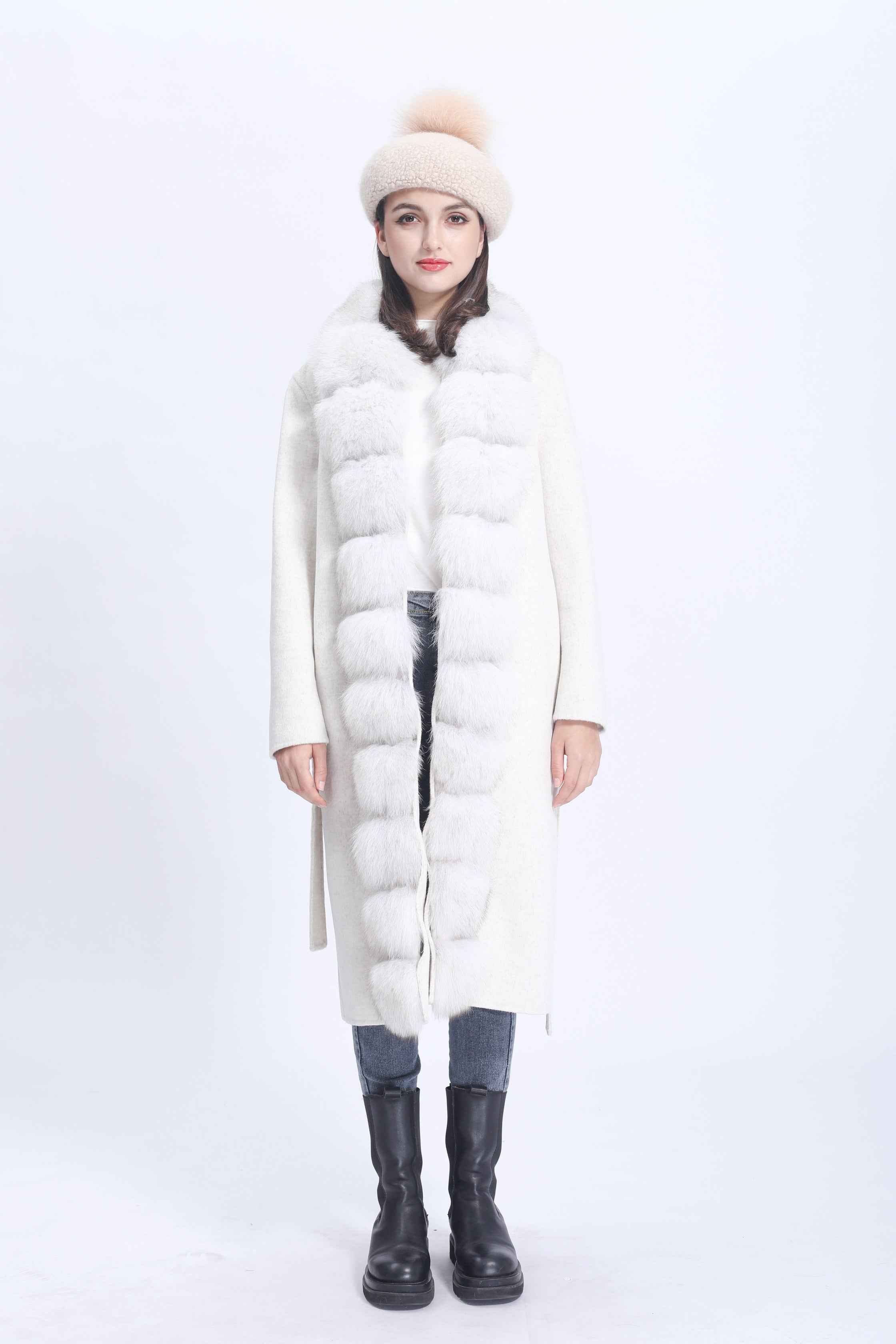 Luxury Wool Coat with Tiered Fox Fur Trim Front Closure – Elegant Long Double-Faced Overcoat