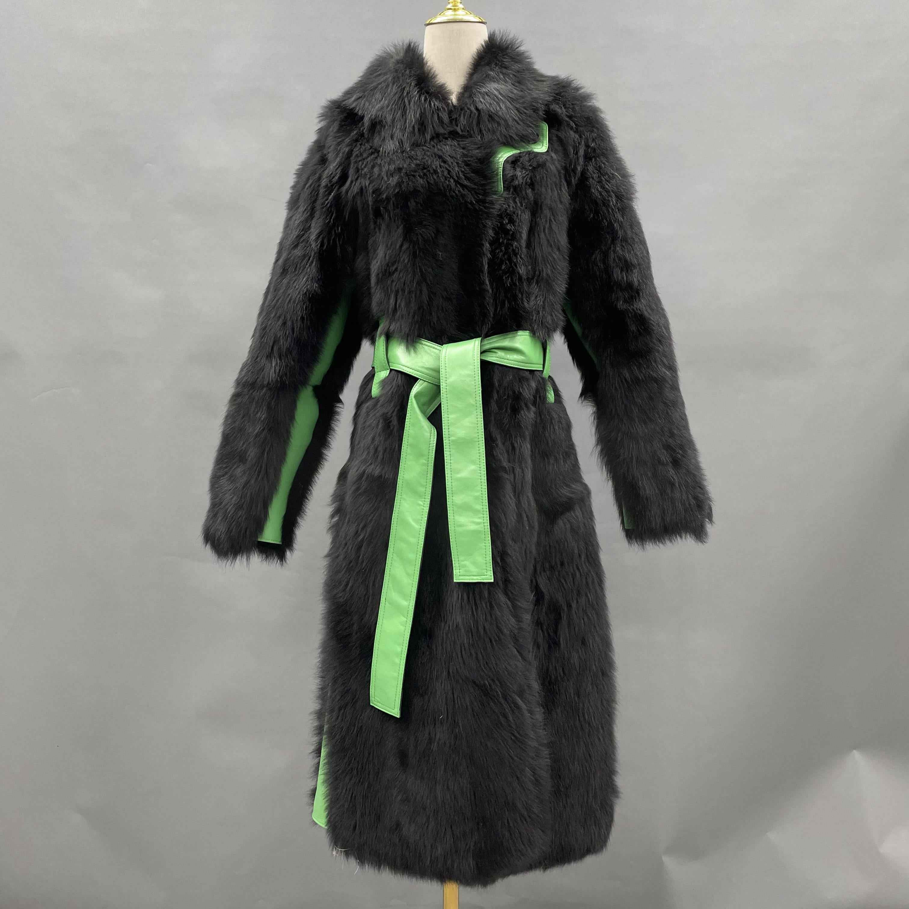 Women's Black Shearling Long Coat with Lime Green Leather Accents & Belted Waist - Luxe Winter Outerwear