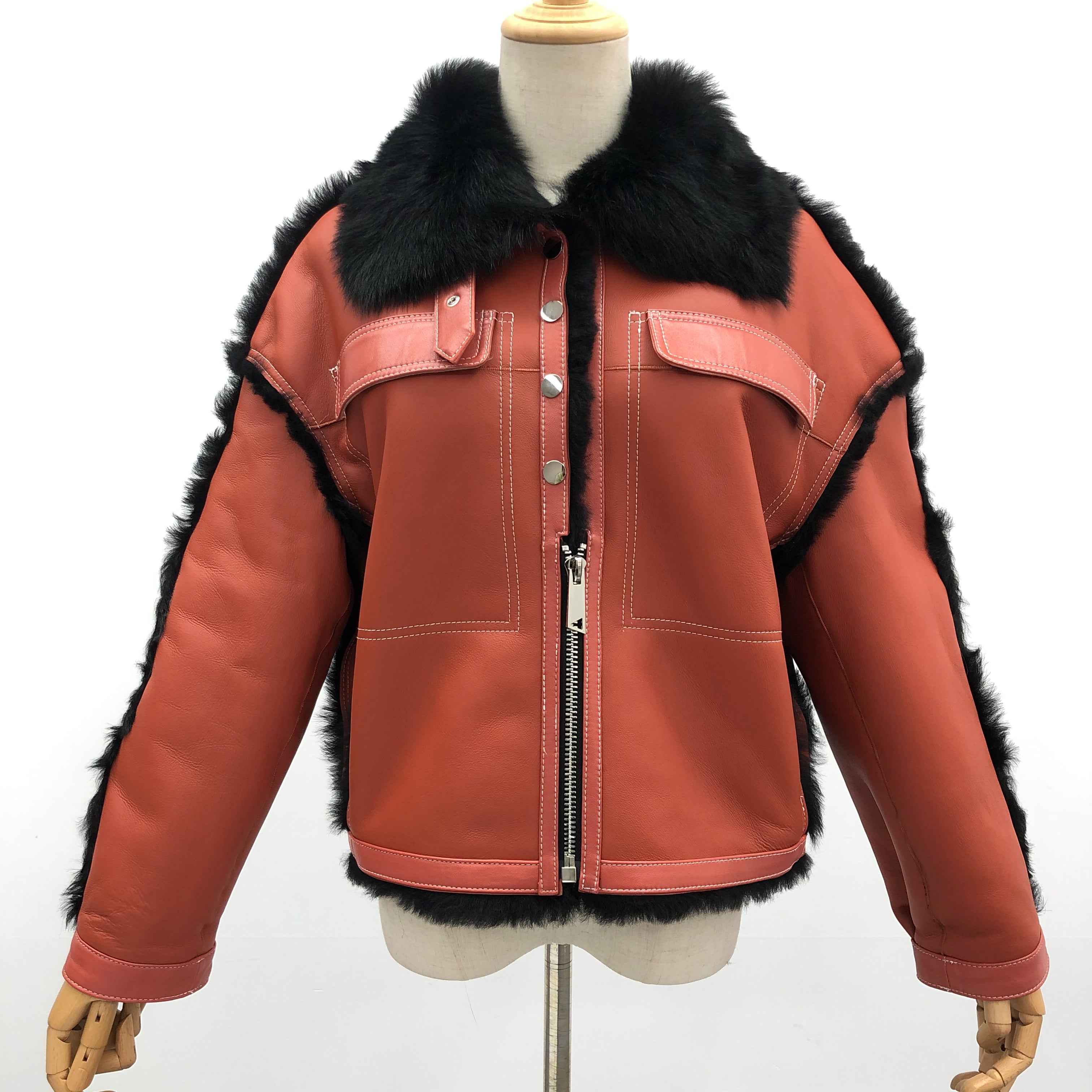 Women's Toscana Shearling Jacket with Zipper & Snap Button Placket, Contrast Fur Trim - Luxe Winter Outerwear