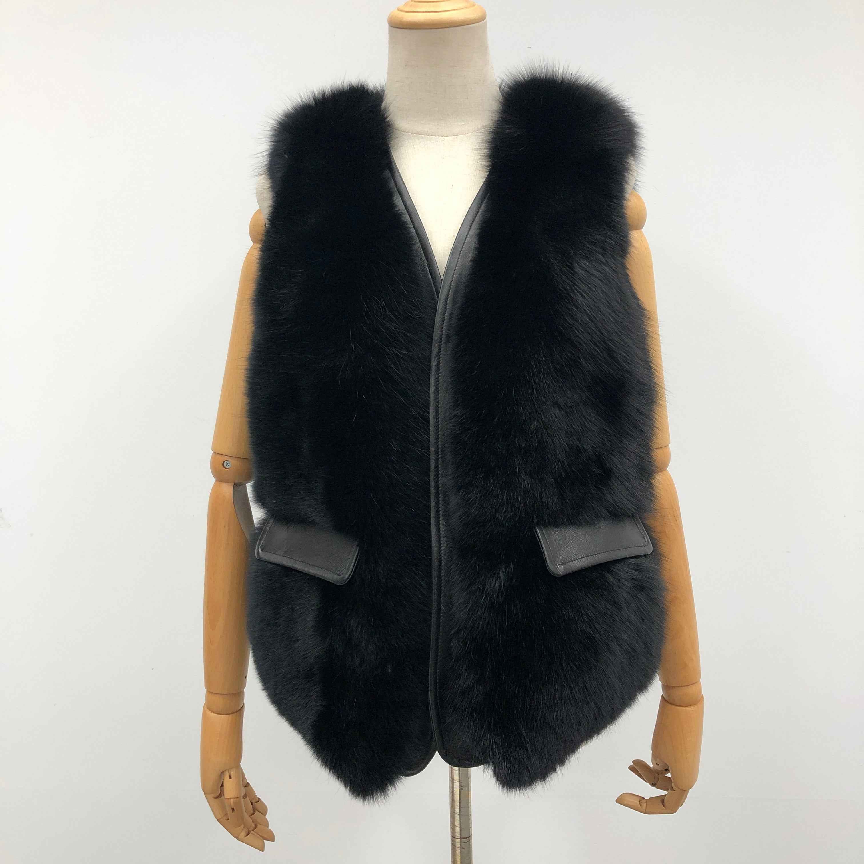 Women's Luxury Fox Fur Vest with Leather Flap Pockets - Chic Winter Must-Have Statement Outerwear Black