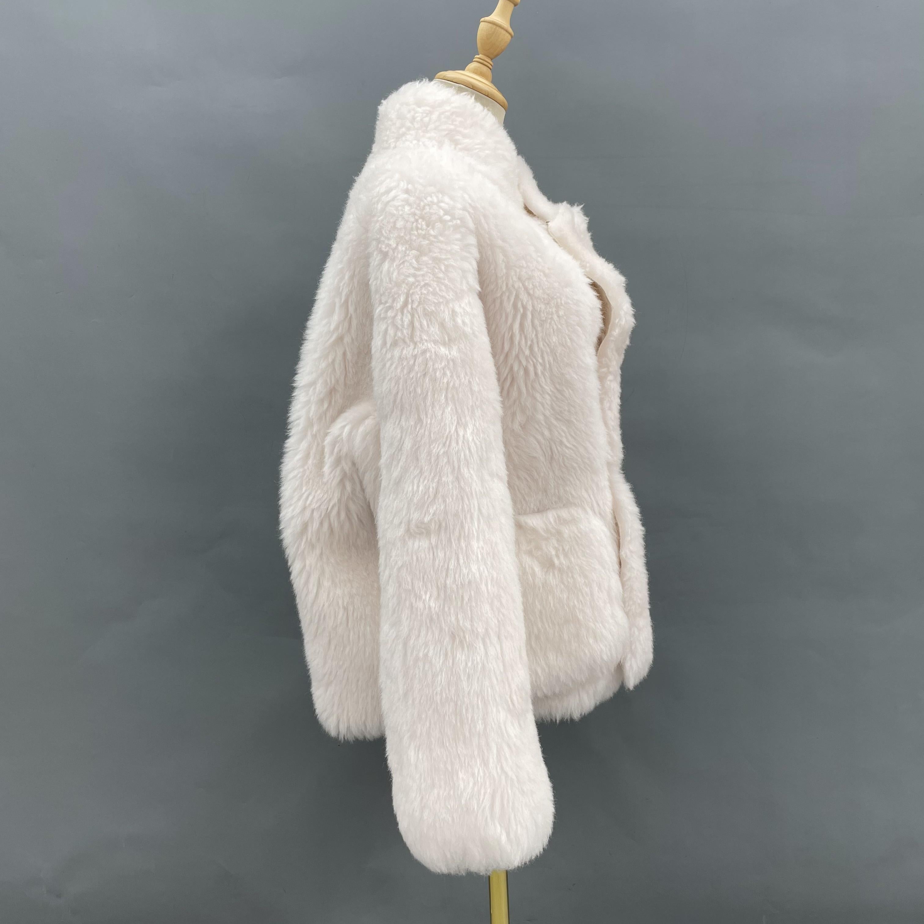 Women's White Sheepskin Shearling Jacket with Pearl Buttons & Stand Collar - Luxe Winter Outerwear