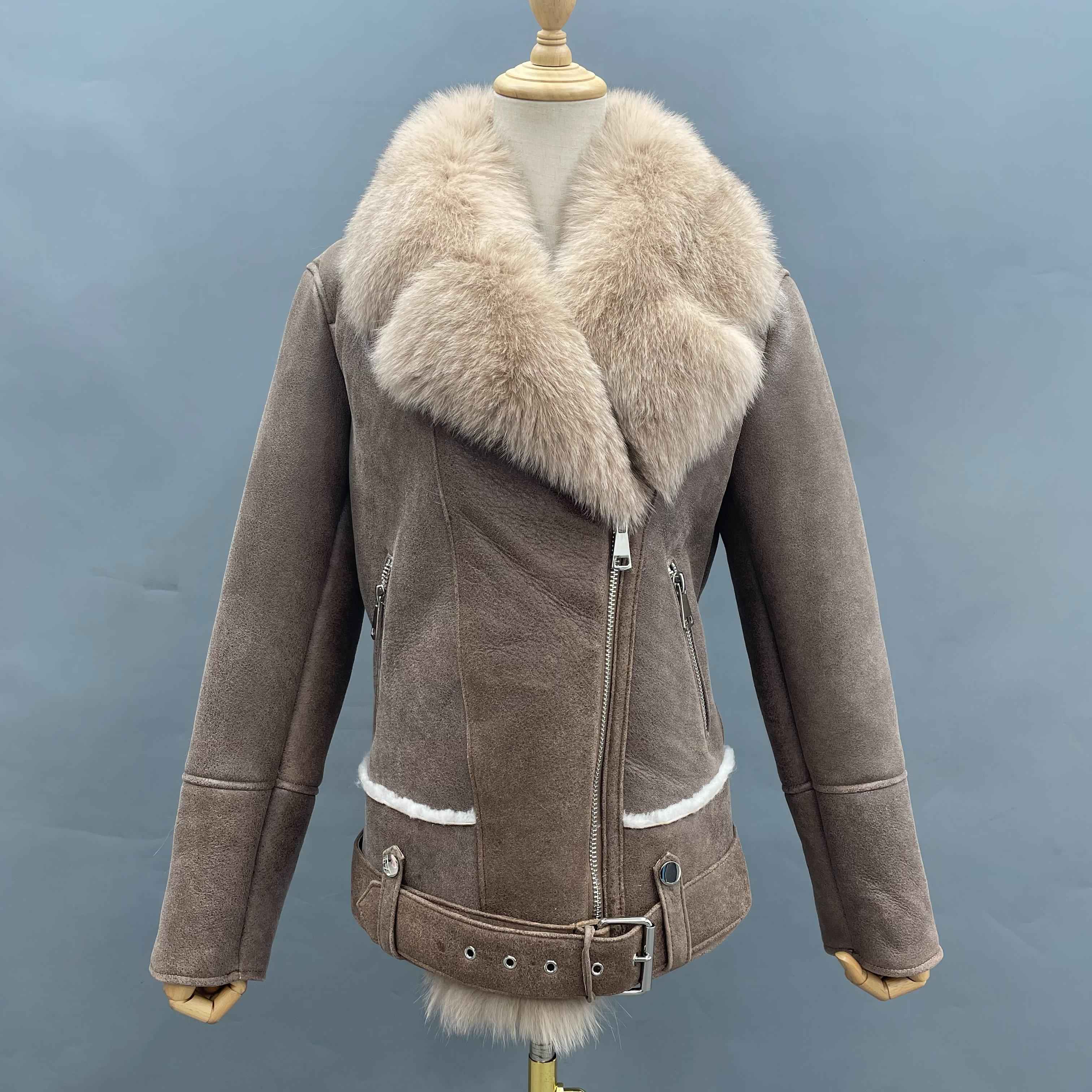Women's Biker Style Shearling Leather Jacket with Oversized Fox Fur Collar, Belted Waist & Sleeves Without Fur Trim - Luxe Winter Outerwear