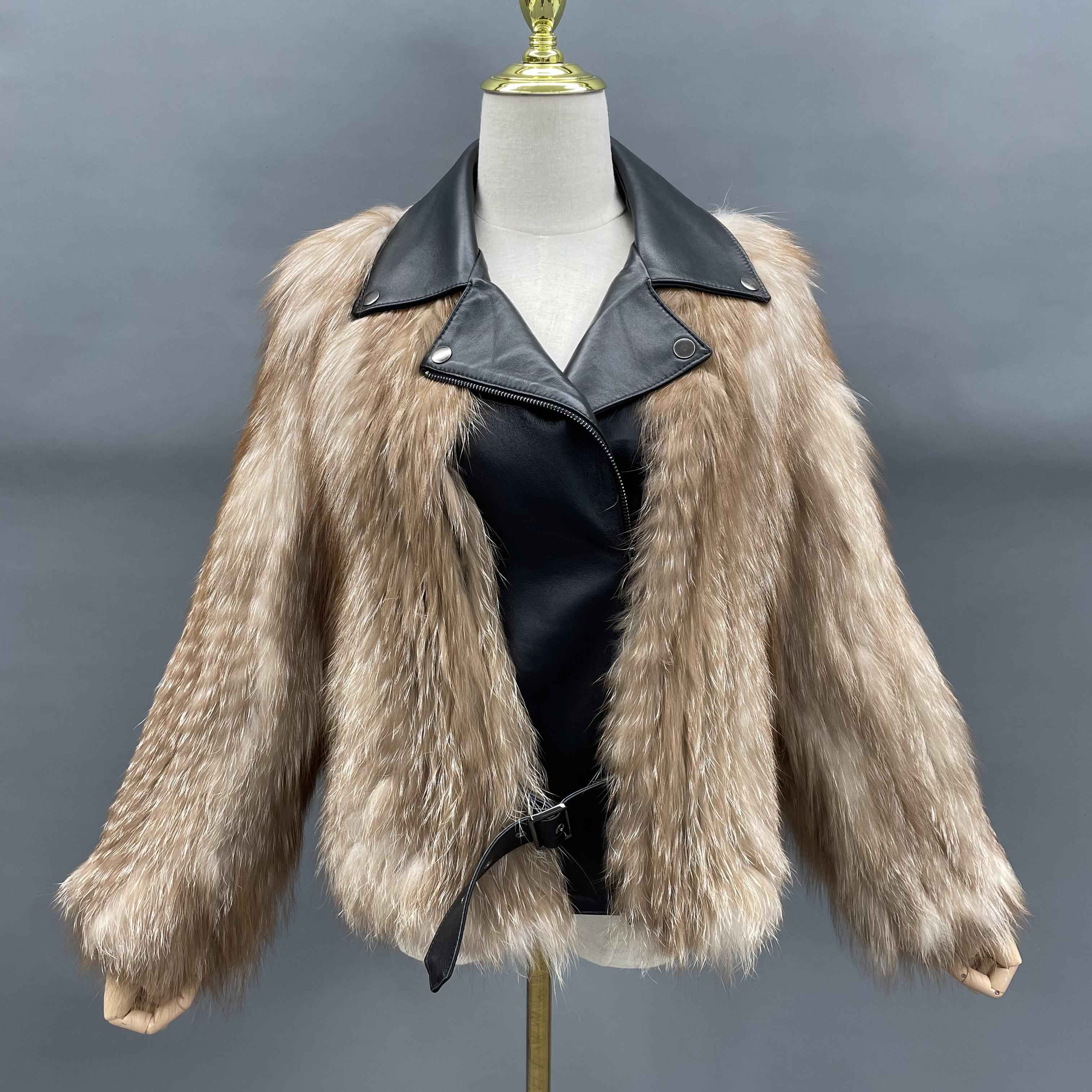 Women's Fox Fur Knitted Jacket with Leather Notched Lapel & Zipper Detail - Edgy Winter Outerwear