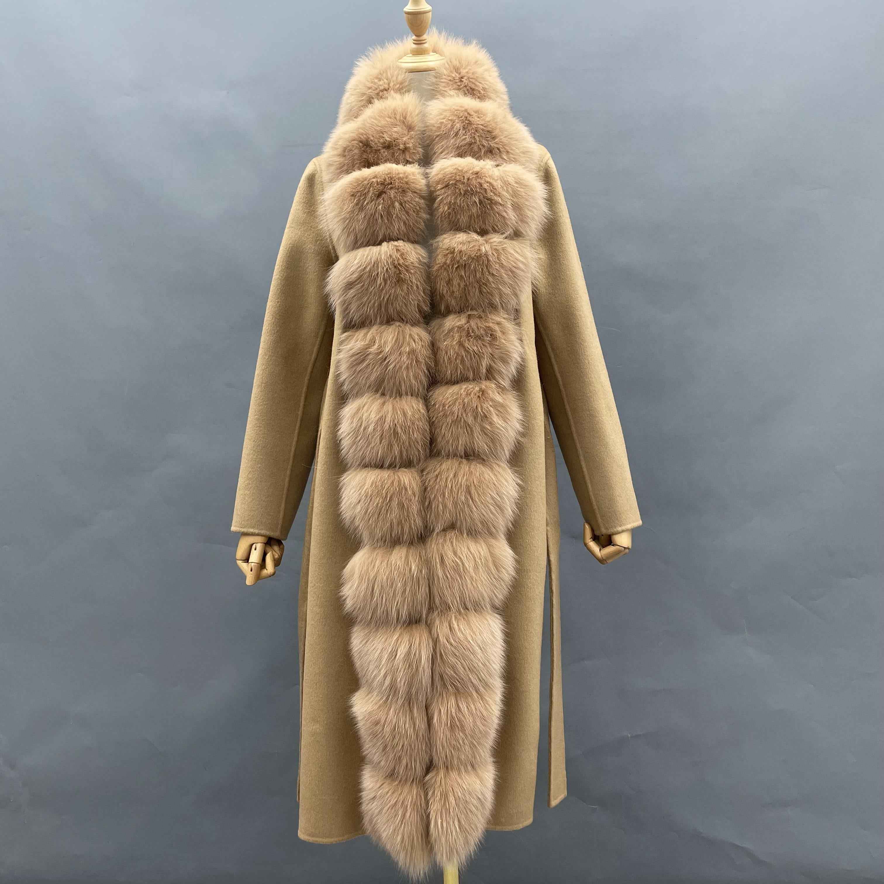 Luxury Wool Coat with Tiered Fox Fur Trim Front Closure – Elegant Long Double-Faced Overcoat Brown