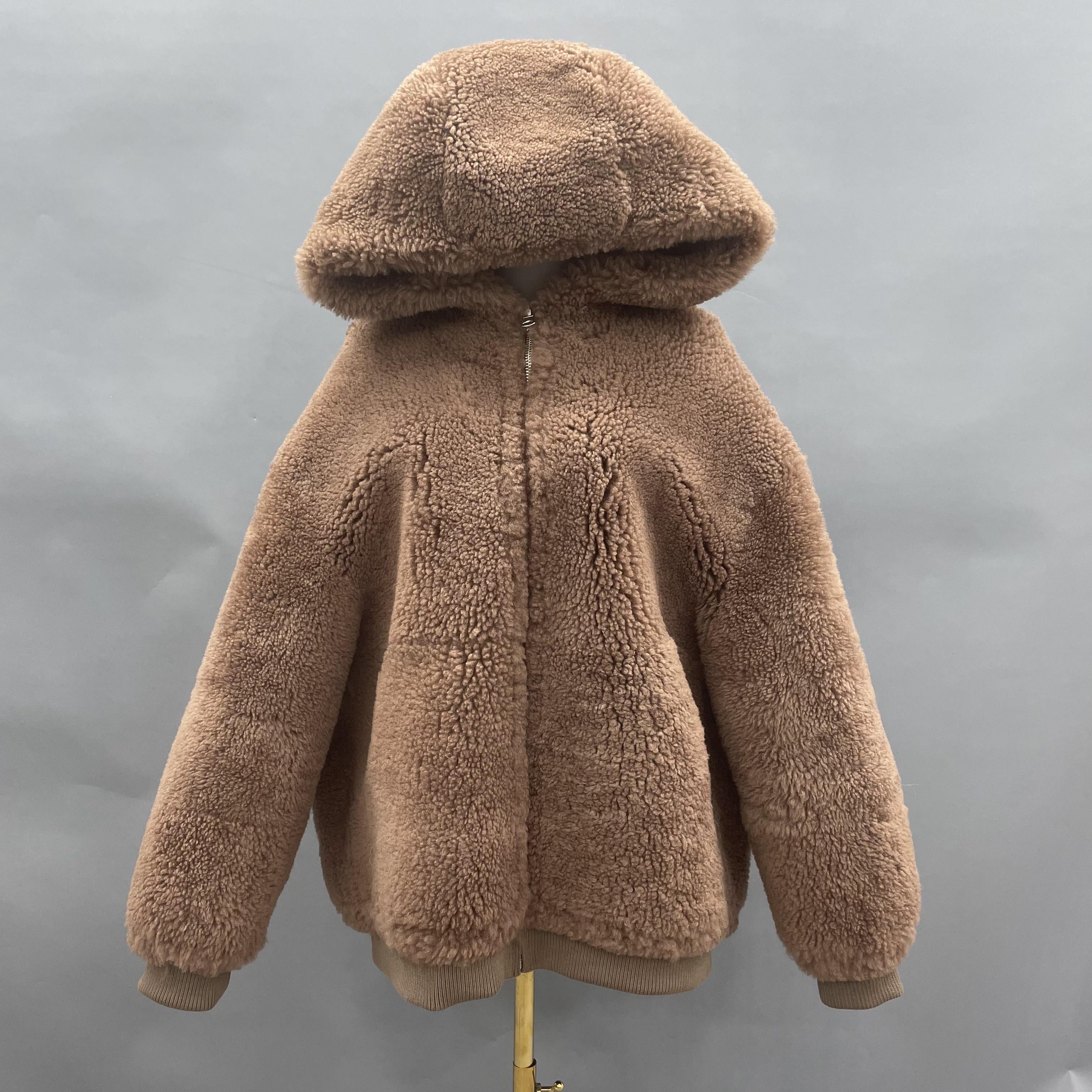Women's Taupe Sheepskin Shearling Hooded Bomber Jacket - Casual Winter Outerwear