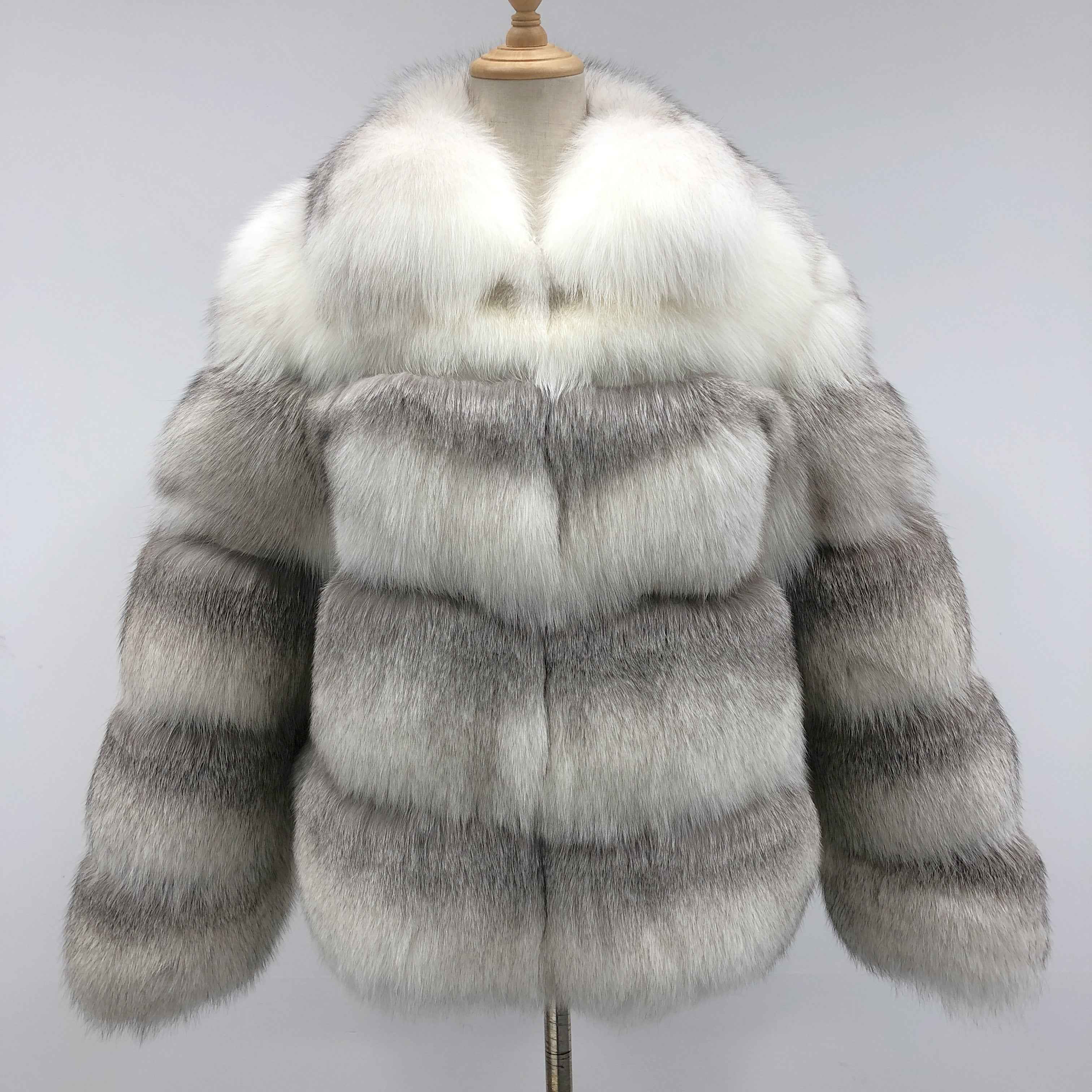 High-quality Gradient Fox Fur Coat with Lapel Collar & Layered Patchwork White Contact us to customize