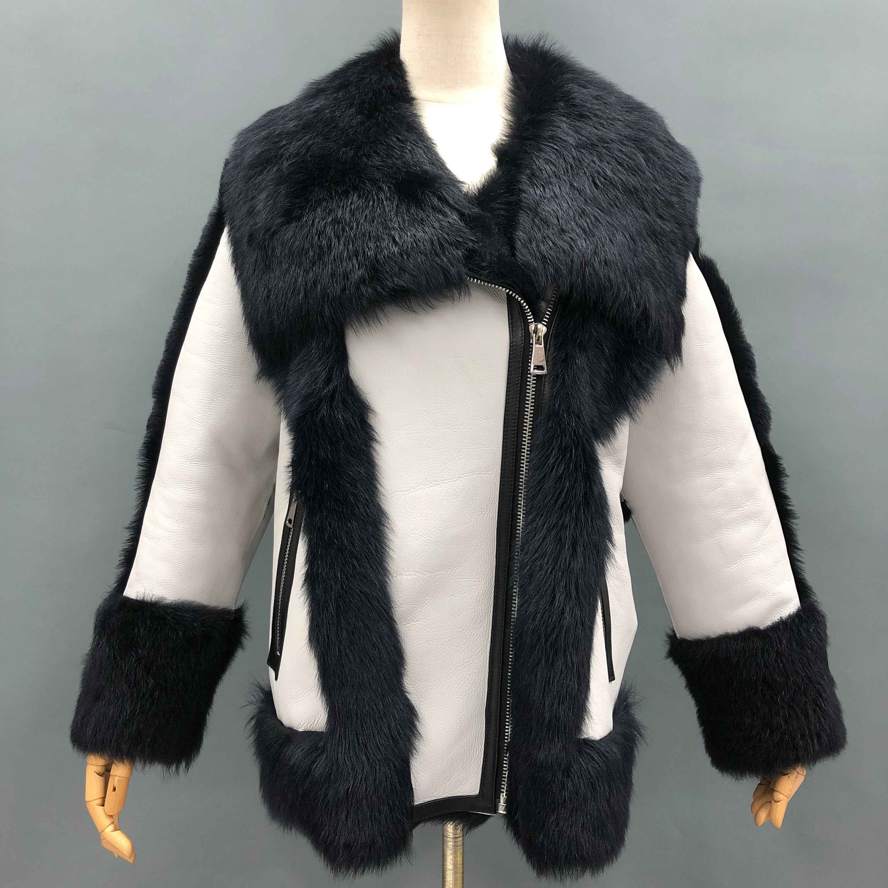 Women's Toscana Shearling Biker Jacket with Oversized Notched Lapel, Fur-Trimmed Cuffs & Color-Block Design - Luxe Winter Outerwear