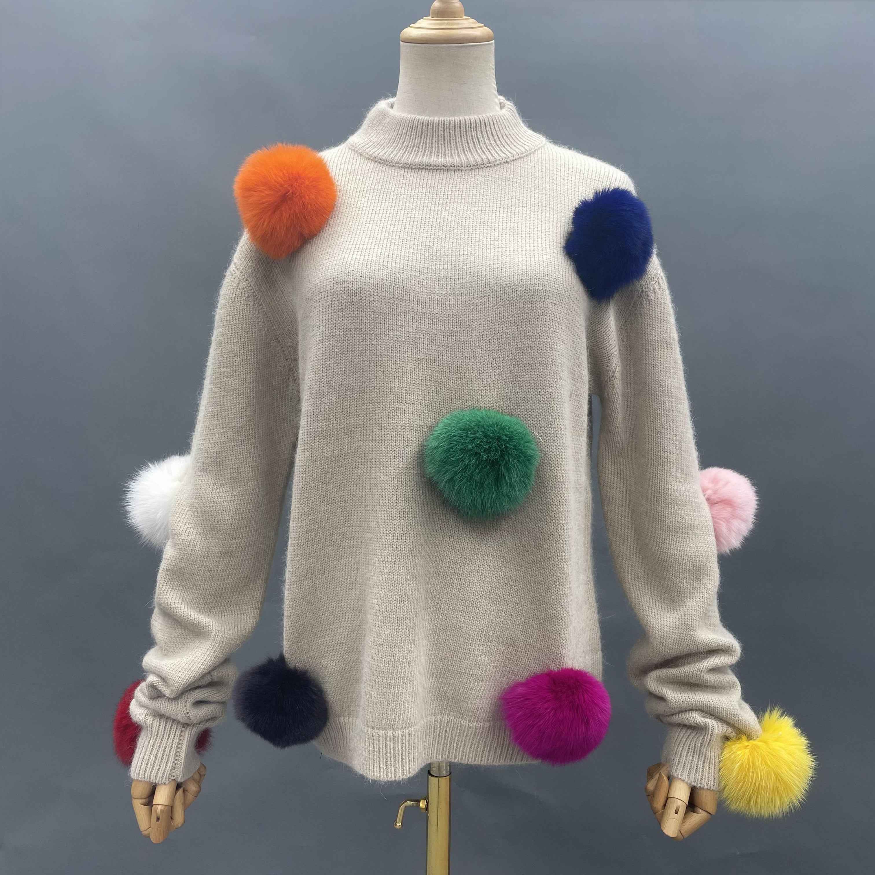 Women's Detachable Colorful Fur Pom-Pom Knitted Sweater - Versatile Casual Fashion Piece Beige