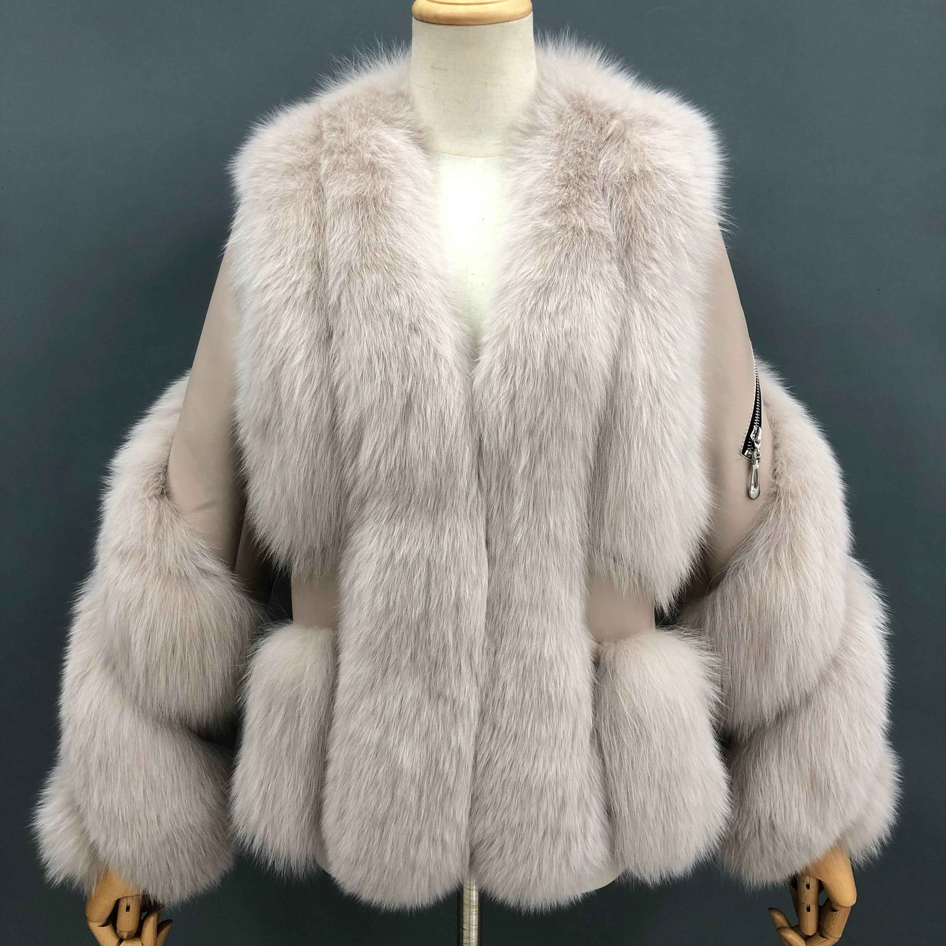 Luxury Blue Striped Fox Fur Coat with Leather Panels and Left Sleeve Zipper Detail White