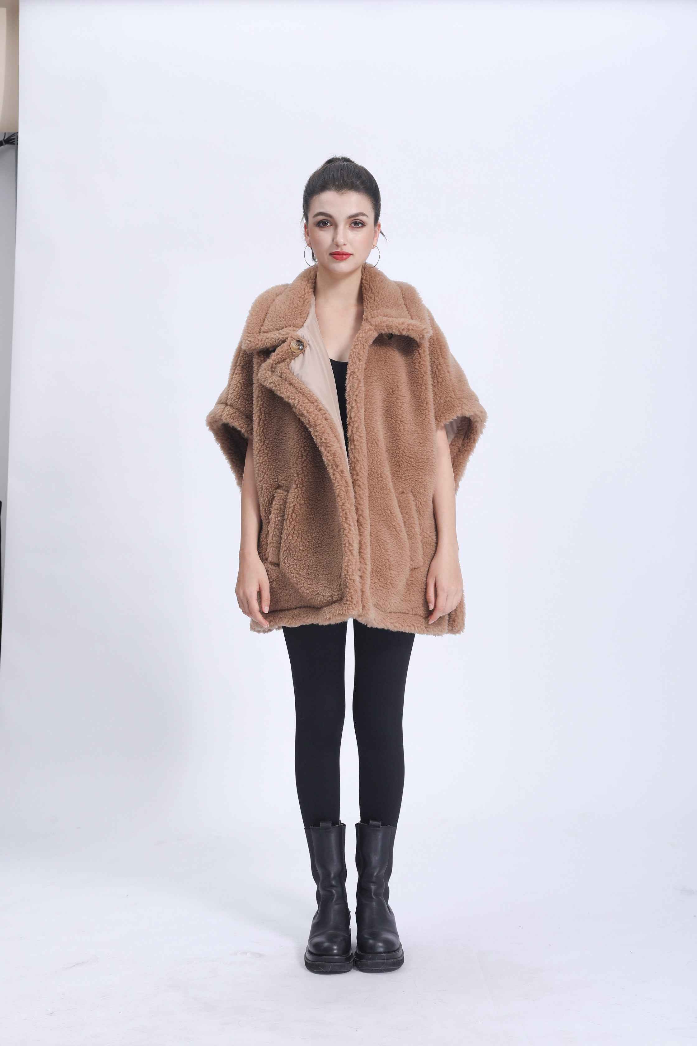 Women's Tan Teddy Fleece Poncho Coat with Notched Lapel & Pocket - Chic Winter Outerwear