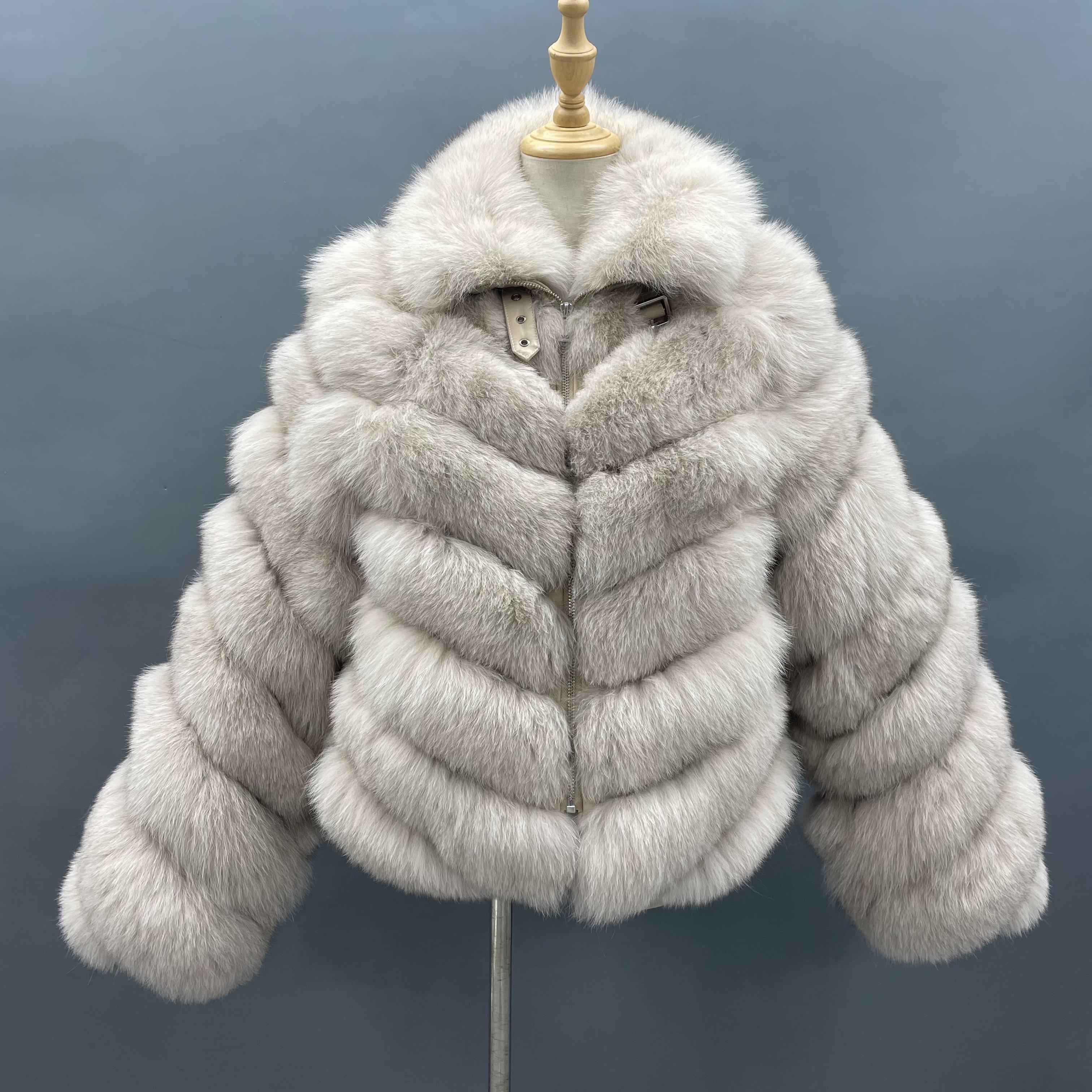 Women's Luxury Fox Fur Cropped Jacket - Chevron Stripe Notched Lapel Zipper Daily Wear Winter Outerwear