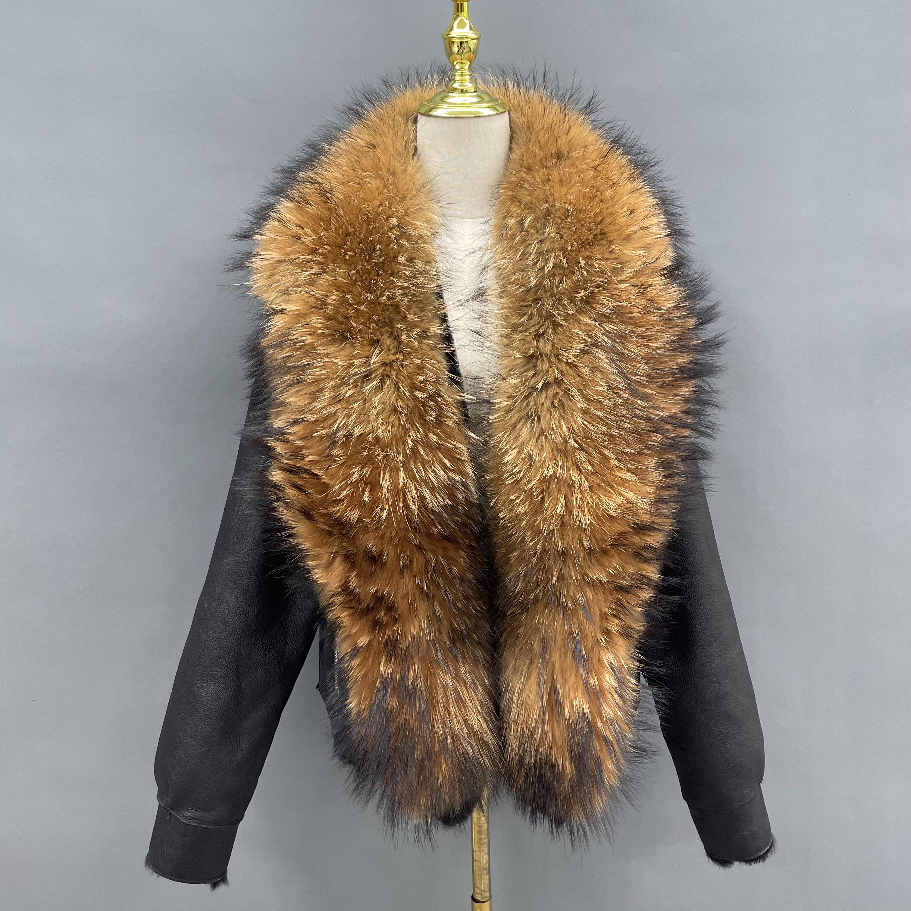 Women's Windproof Shearling Leather Jacket with Oversized Fox Fur Collar - Luxe Winter Outerwear