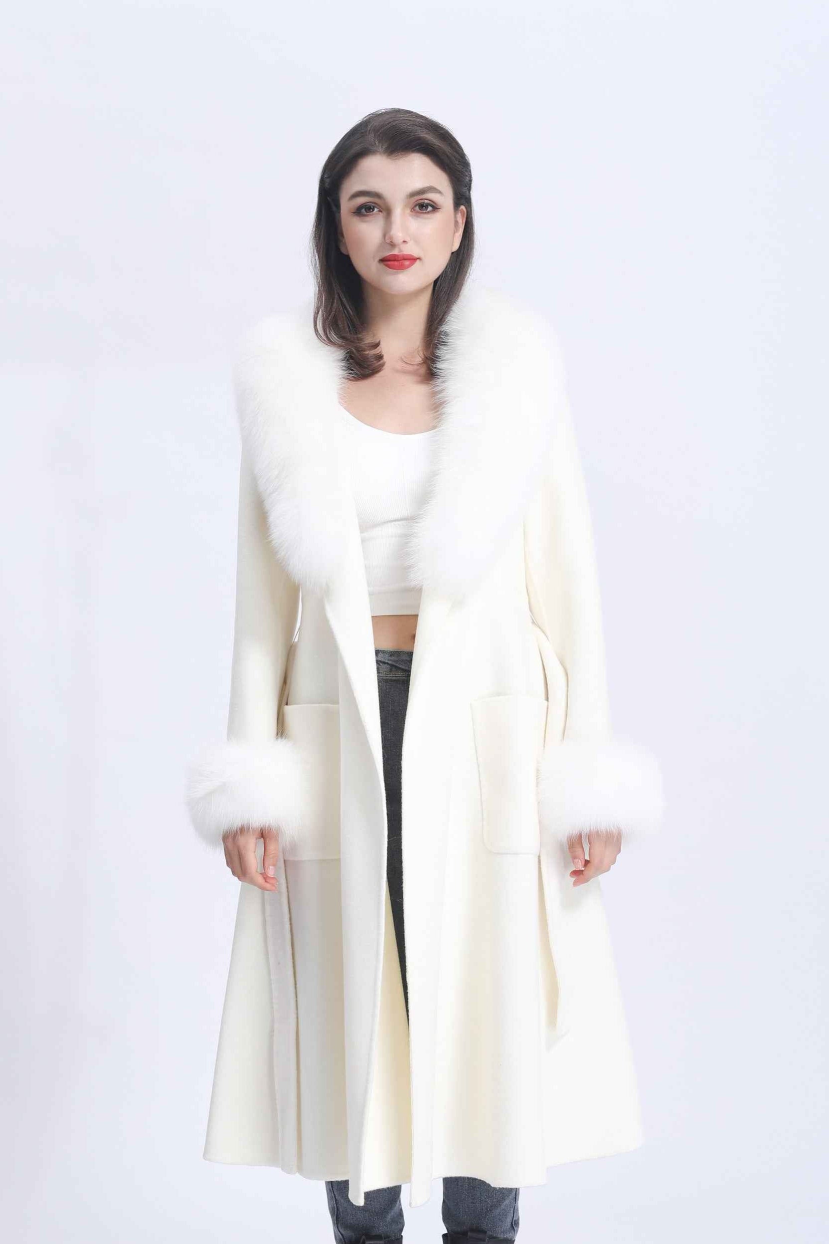 Women's Luxury Double - Faced Wool Coat with Fox Fur Collar, Flared Skirt & Straight Pockets, Elegant Winter Outerwear