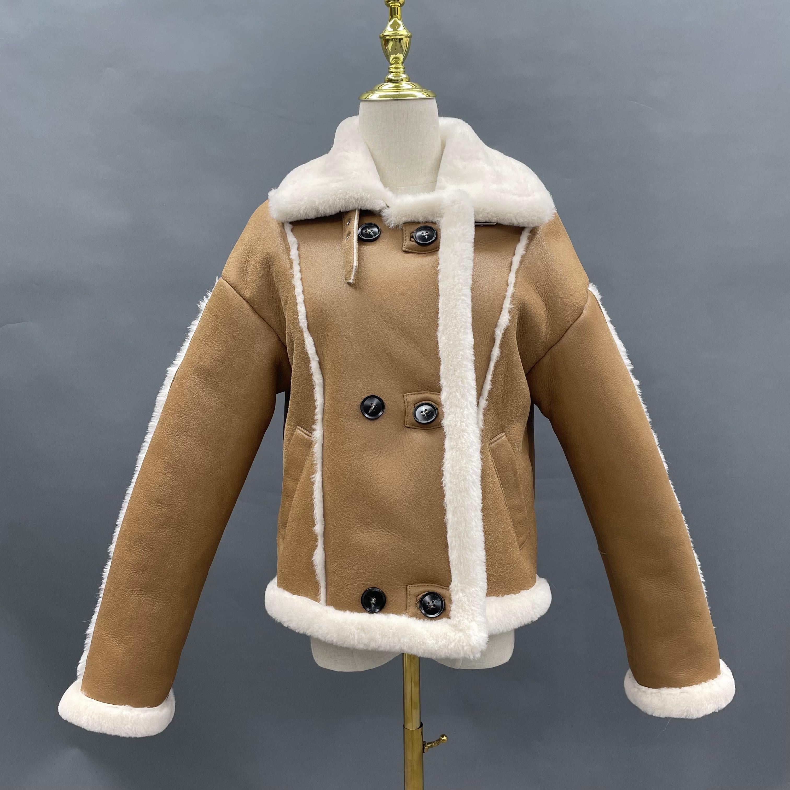 Women's Short Camel Shearling Jacket with Lamb Fur Trim, Double-Breasted Design - Warm Winter Outerwear
