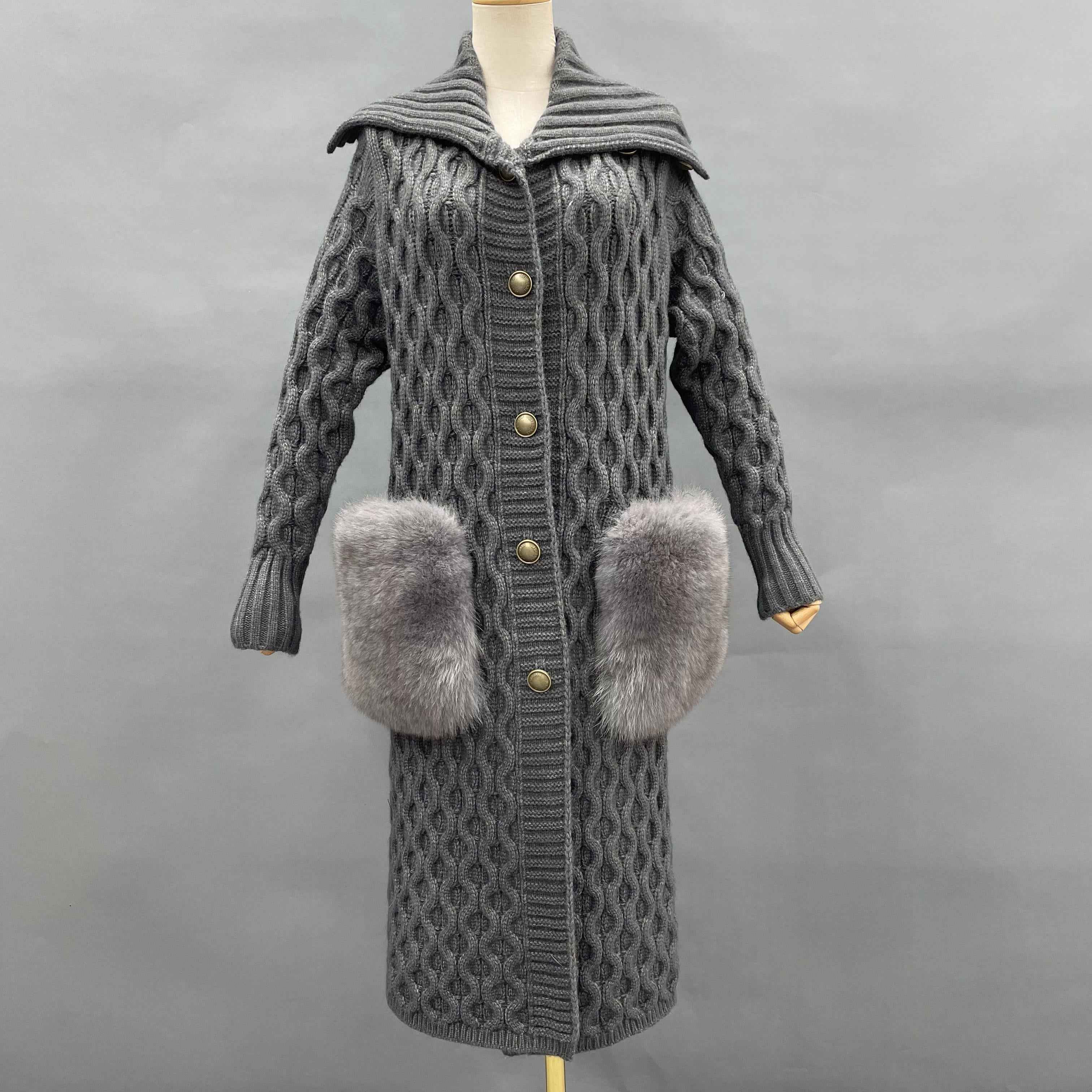 Women's Oversized Shawl Collar Knee-Length Knitted Coat with Fur-Trimmed Pockets - Luxe Winter Outerwear Grey F-CHEST 104