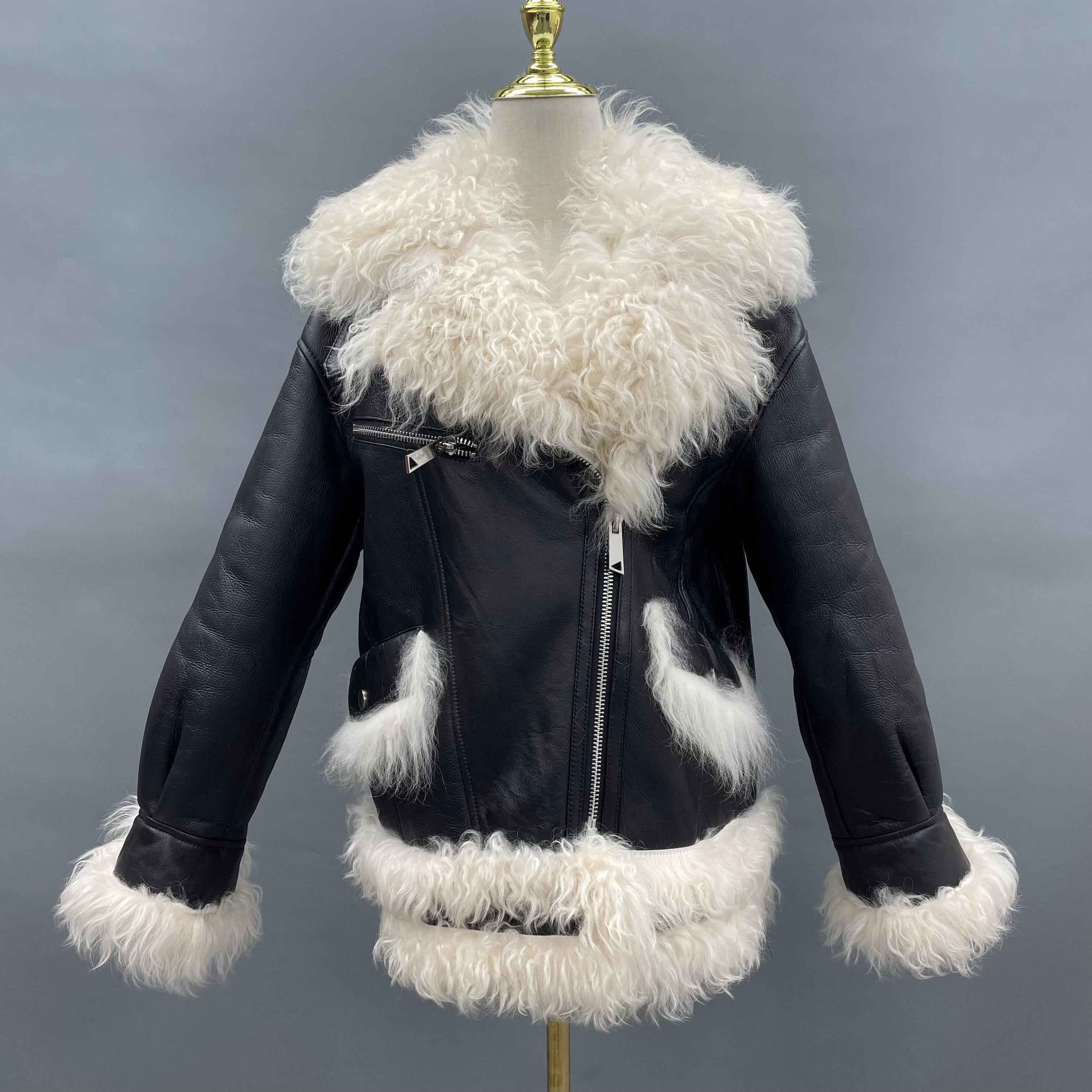 Women's Black Shearling Leather Jacket with Notched Lapel, Genuine Fur Trim, Windproof & Cold-Resistant Winter Outerwear