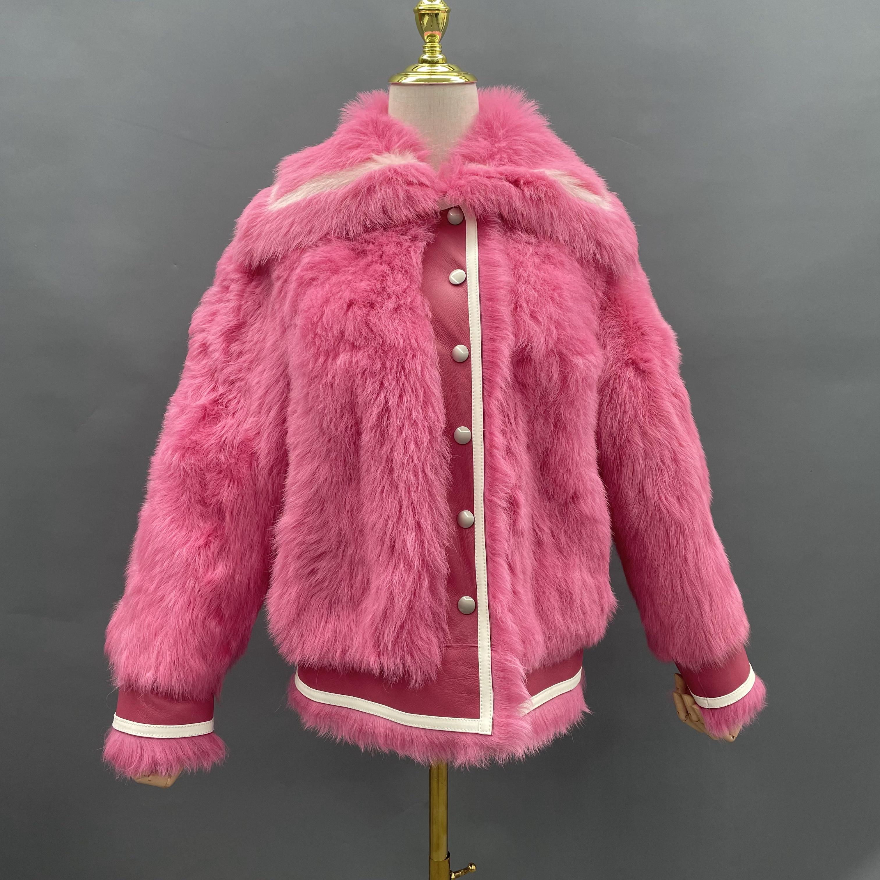 Women's Pink Shearling Jacket with Nautical Oversized Collar & Contrast Trim - Trendy Winter Outerwear