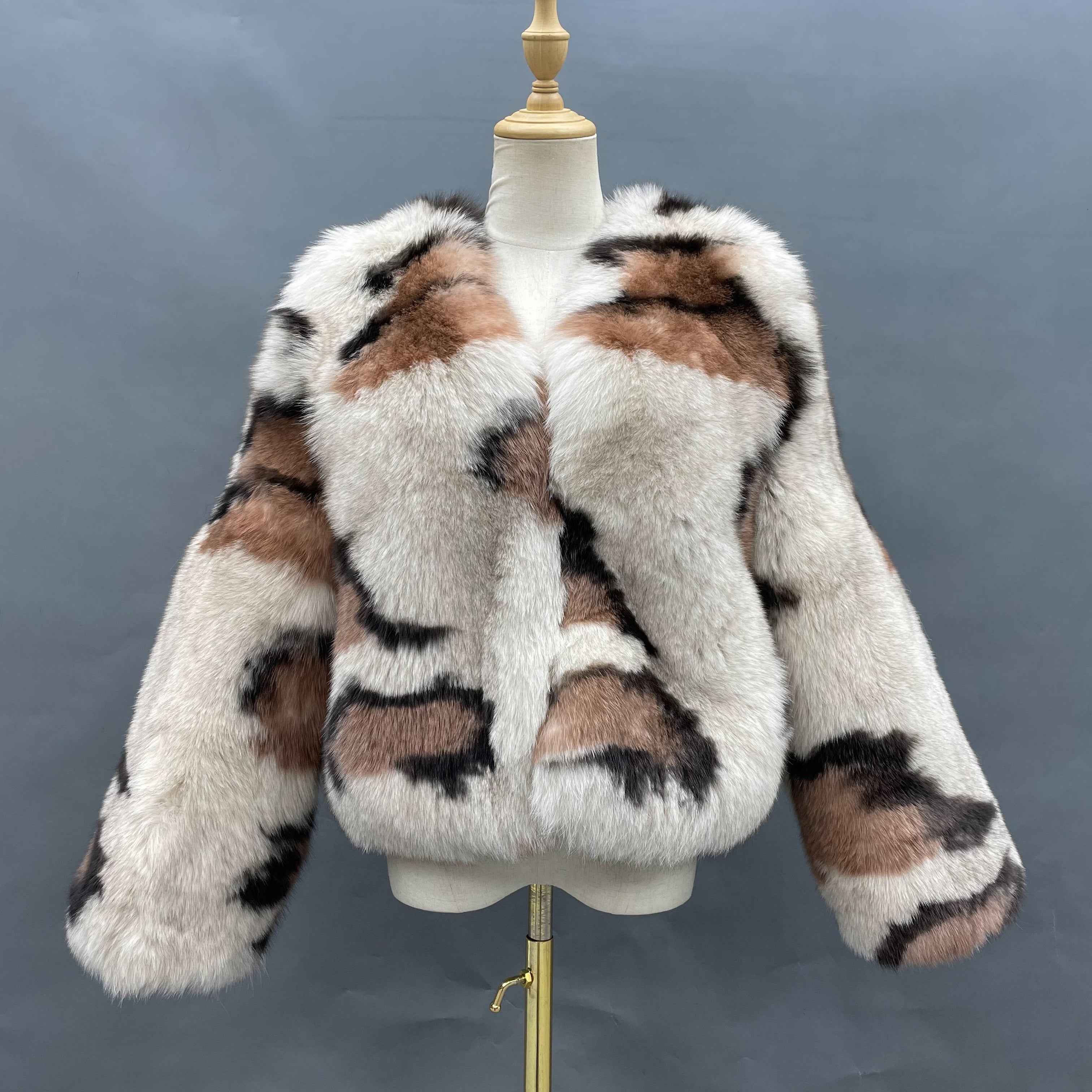 Women's Premium Leopard Print Fox Fur Cropped Jacket - Chic Winter Fashion Warm Statement Outerwear