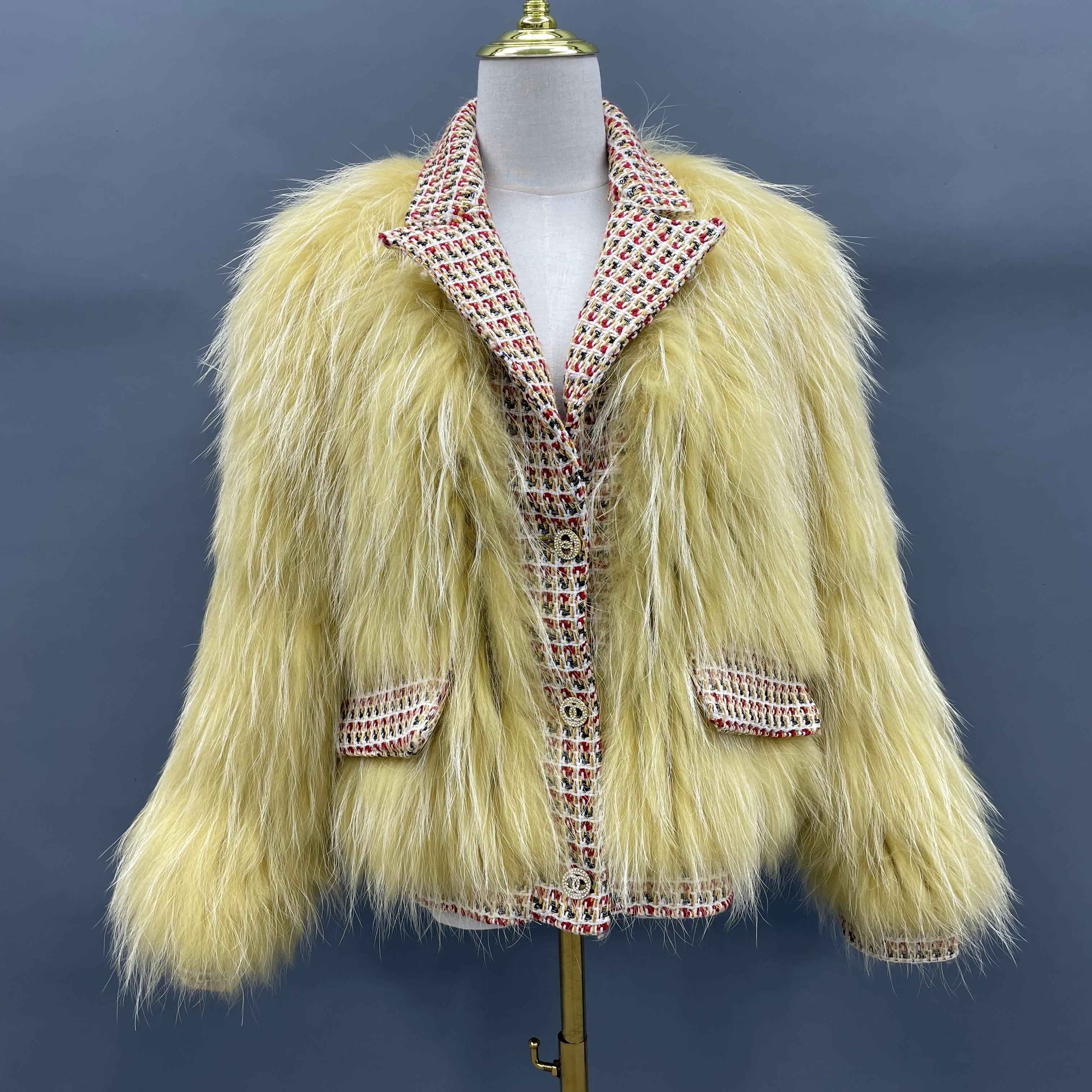 Women's Luxurious Raccoon Dog Fur Jacket with Chanel-Style Tweed & Notched Lapel - Knitted Winter Outerwear