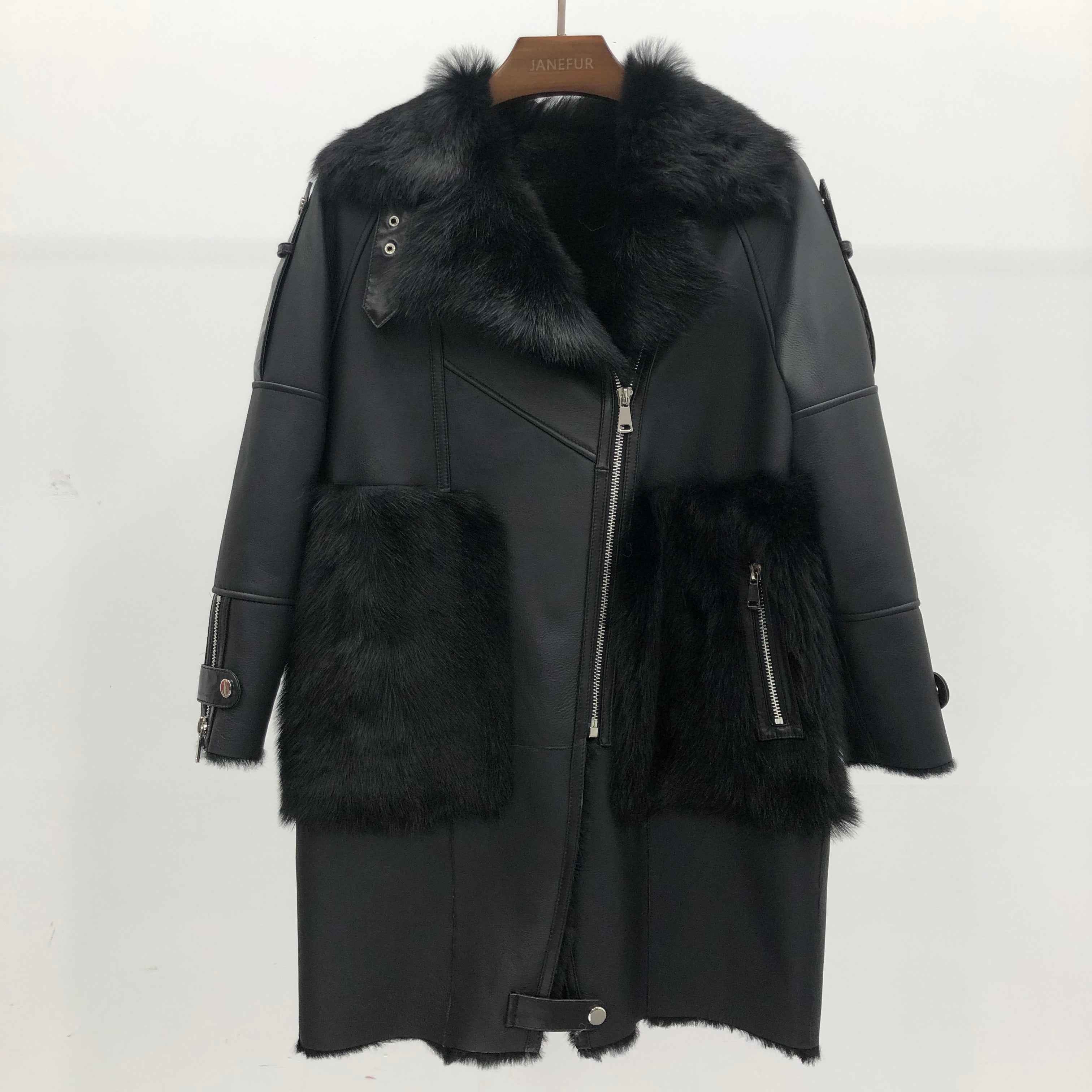 Women's Black Longline Shearling Leather Coat with Fur-Trimmed Pockets, Notched Lapel & Asymmetric Zipper - Luxe Winter Outerwear