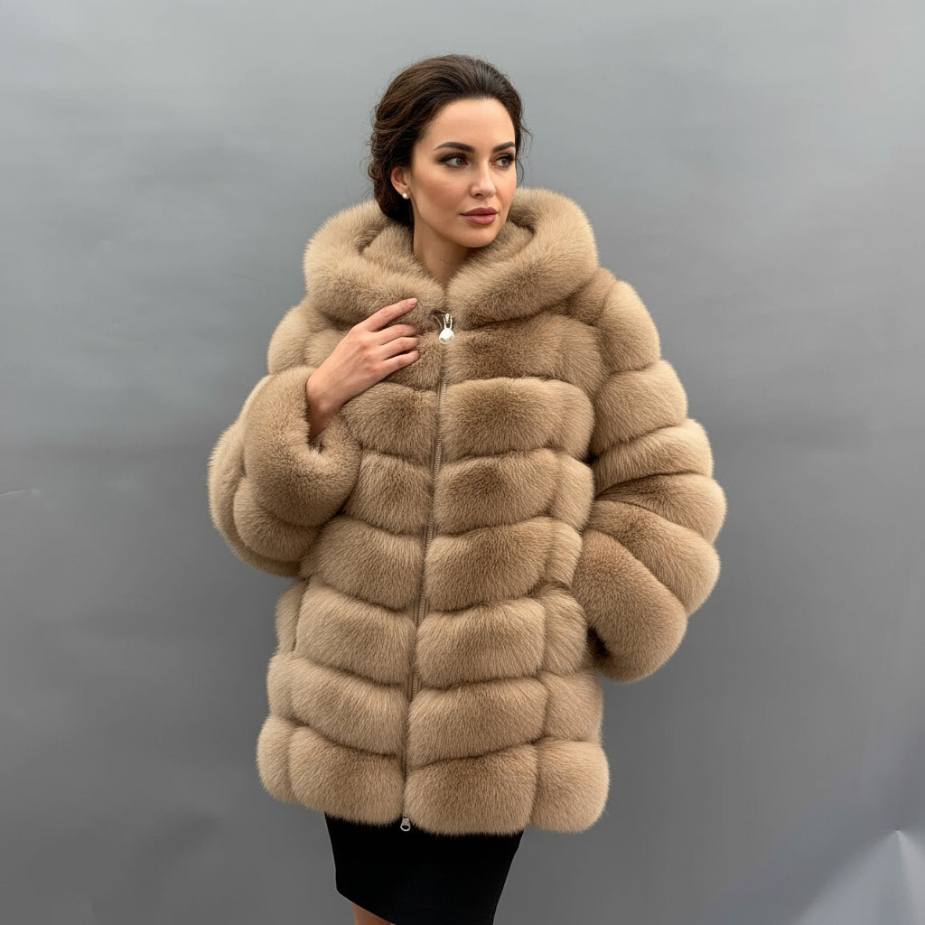 Women's Luxury Premium Fox Fur 8-Panel Hooded Coat - Cold Winter Warm Fashion Outerwear Camle
