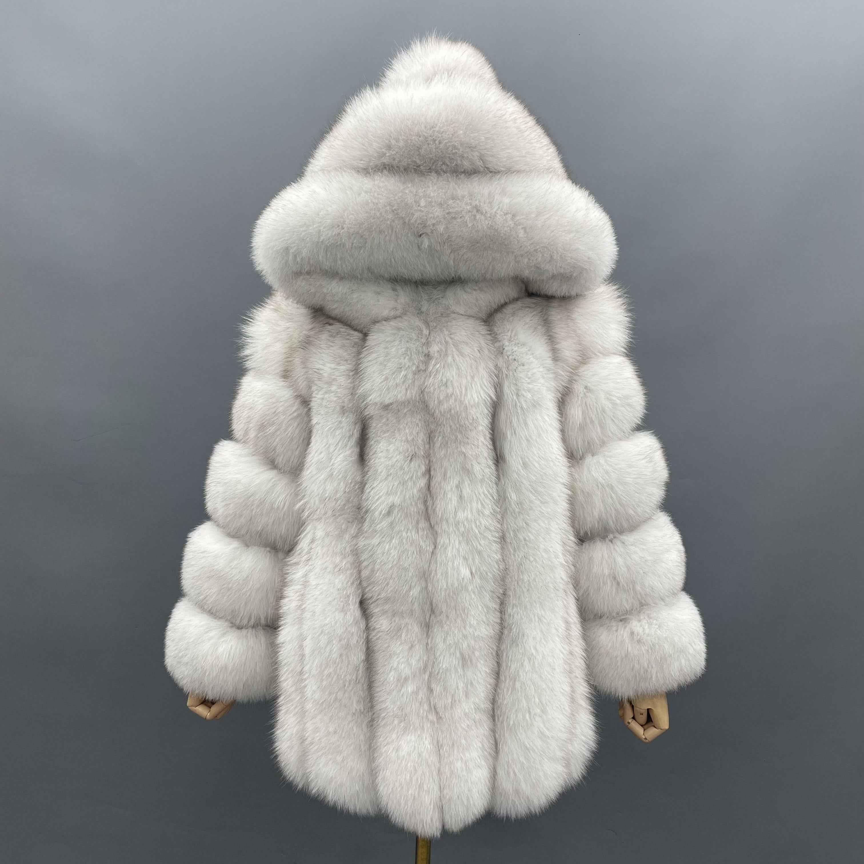 Women's Luxury White Fox Fur Hooded Coat - Vertical Stripe Body & 5-Panel Sleeves Winter Warm Jacket