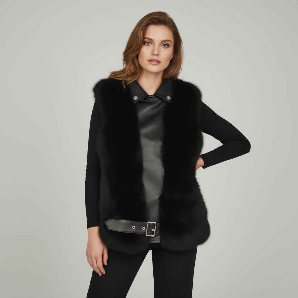 Women's Fox Fur Vest with Leather Collar - Edgy Buckle-Accented Outerwear Black