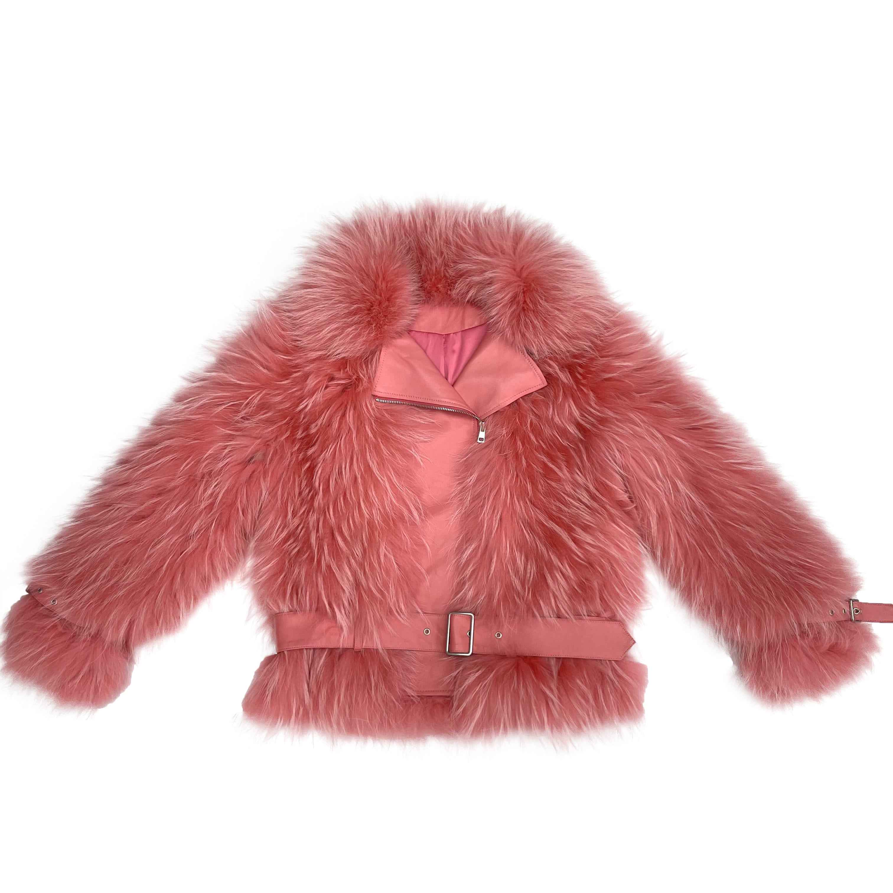 Women's Edgy Pink Raccoon Fur Biker Jacket - Belted Cuffs & Waist Daily Wear Winter Outerwear