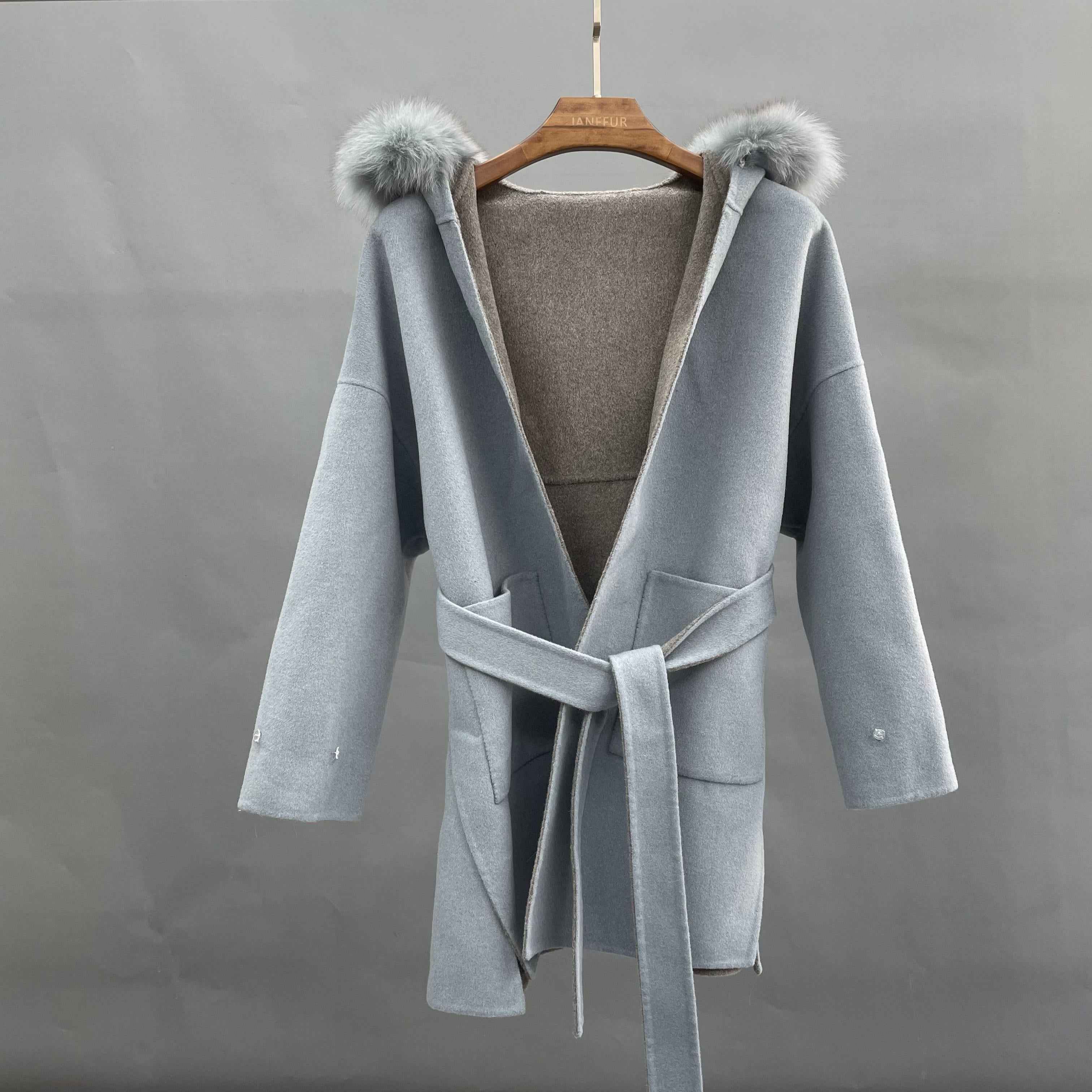 Women's Oversized Gray Wool Blend Coat with Fox Fur Hood Trim, Belted Long Winter Jacket for Casual Outfits Gray