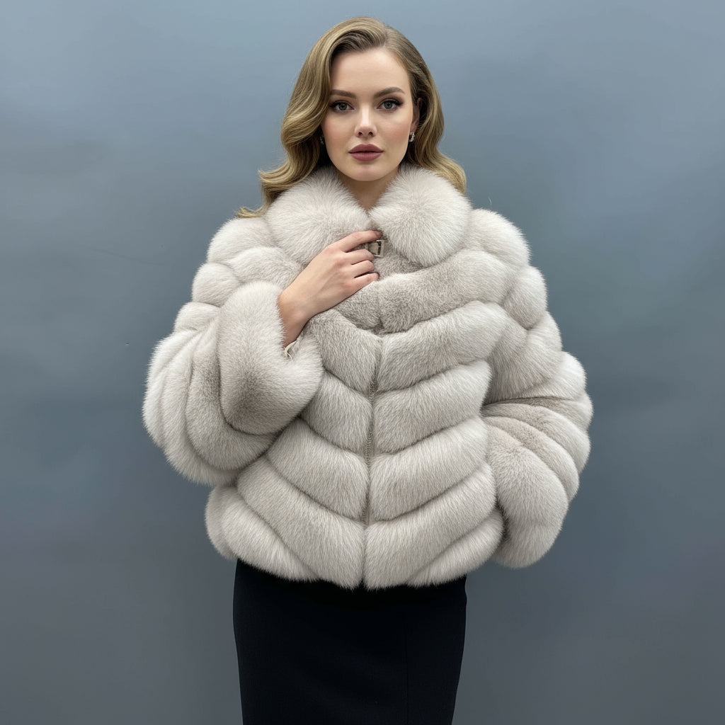 Women's Luxury Fox Fur Cropped Jacket - Chevron Stripe Notched Lapel Zipper Daily Wear Winter Outerwear White