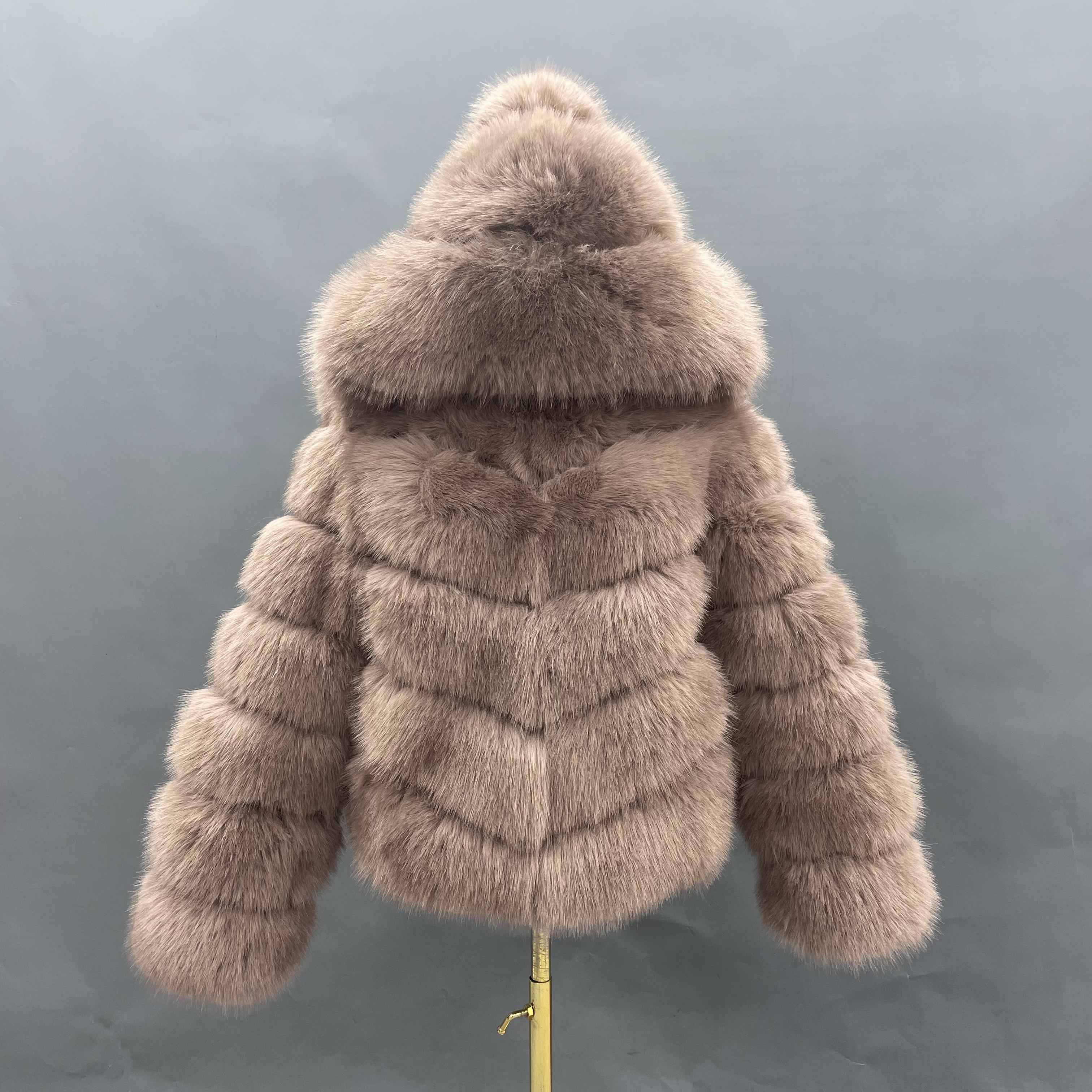 Women's 5-Panel Diagonal Stripe Hooded Faux Fur Coat - Highly Realistic Luxury Winter Outerwear Camle