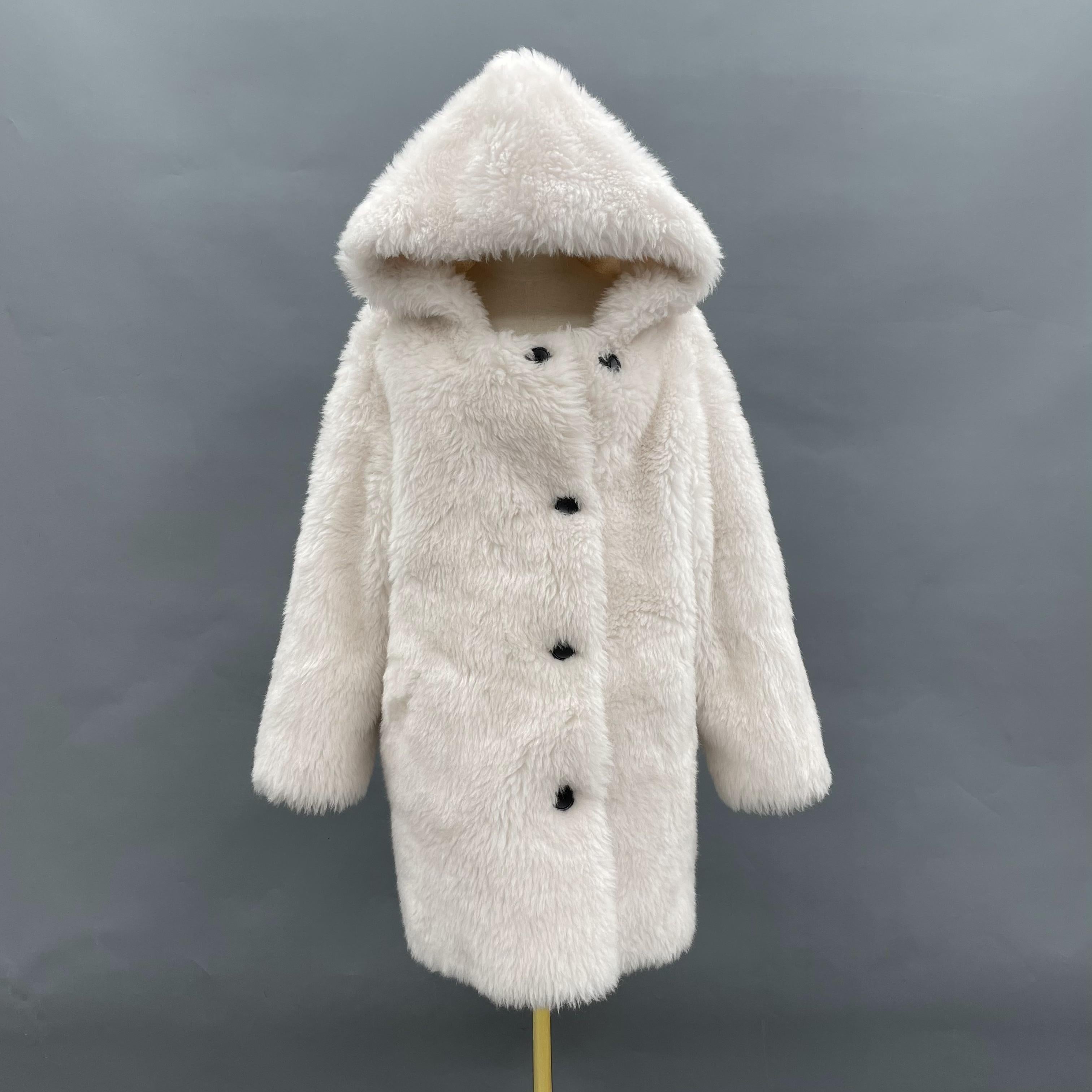 Women's White Hooded Long Sheepskin Shearling Coat - Casual Winter Outerwear